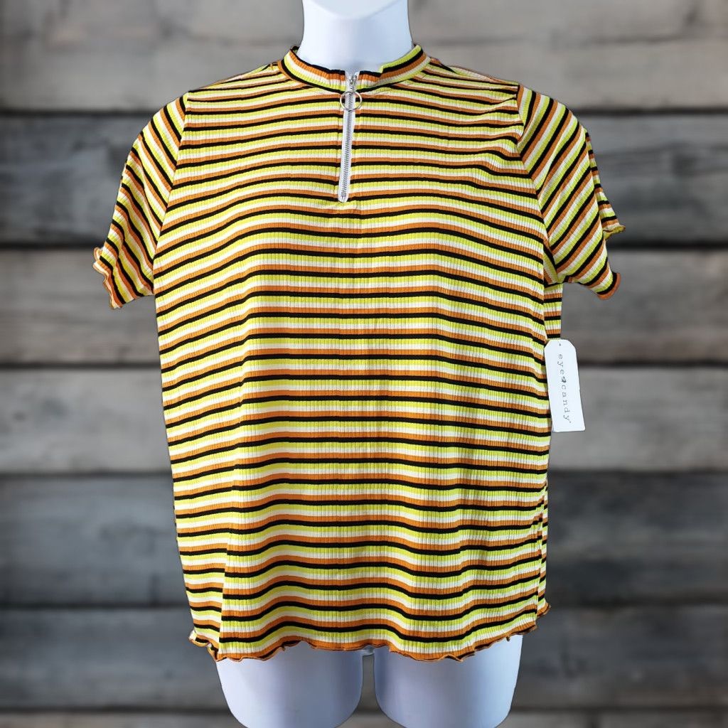 Vintage Eye Candy Womens Top 2X Black Orange Stripes Short Sleeve Ribbed T-Shirt Womens Size XXL / US 16-18 / IT 52-54 - 1 Thumbnail