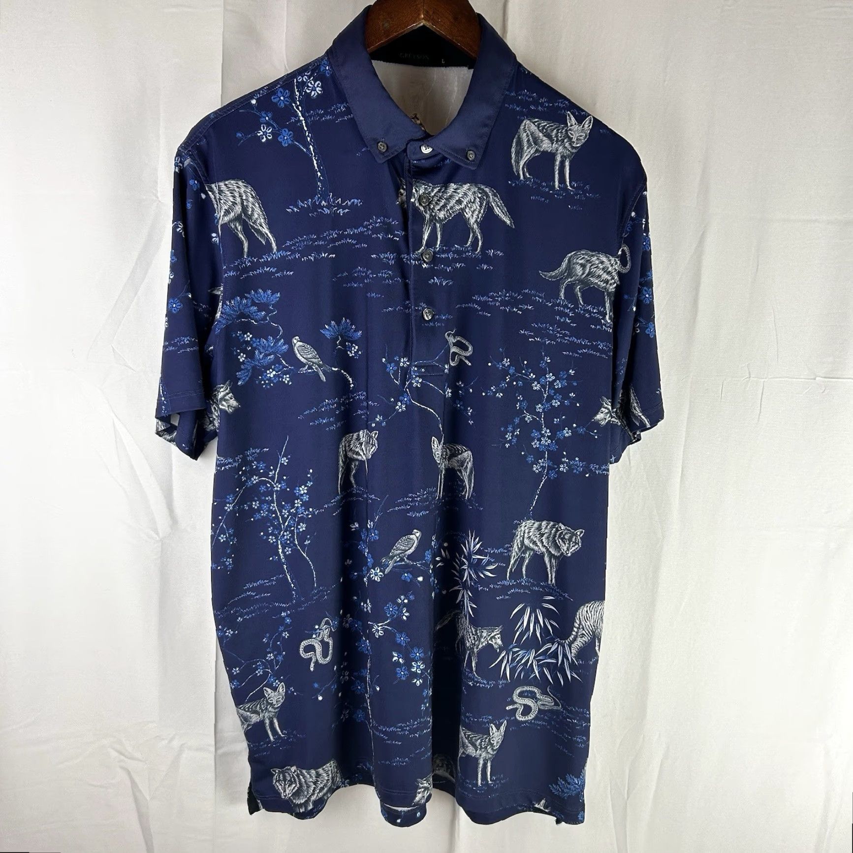 Vintage Greyson Polo Shirt Men's Large Blue Wolf Print Golf Patriot Patterned Polo's Size US L / EU 52-54 / 3 - 2 Thumbnail