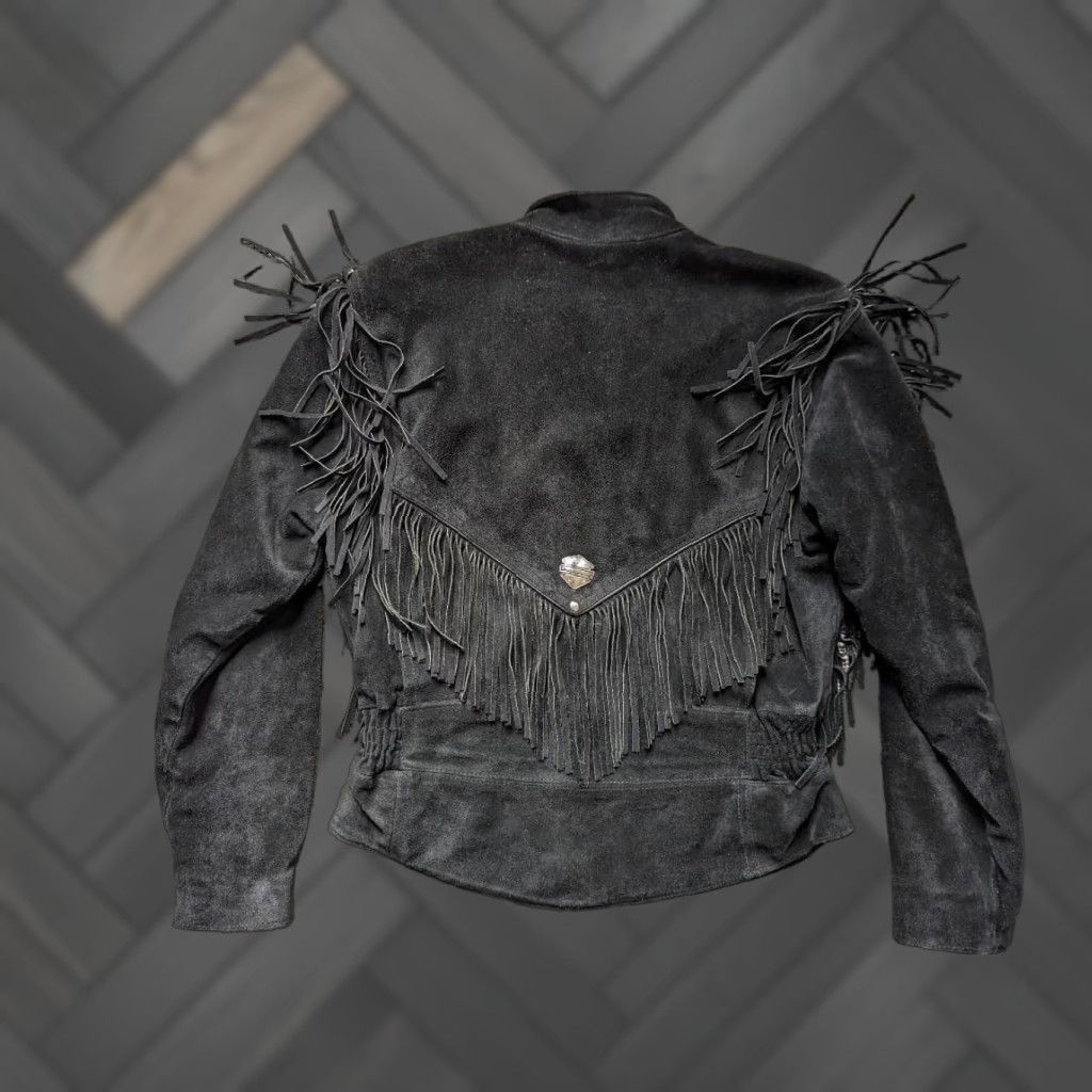 Harley Davidson VINTAGE Harley-Davidson Motorcycle Jacket Women M Black Leather Split-Suede Western Fringe USA Made Size M / US 6-8 / IT 42-44 - 1 Thumbnail