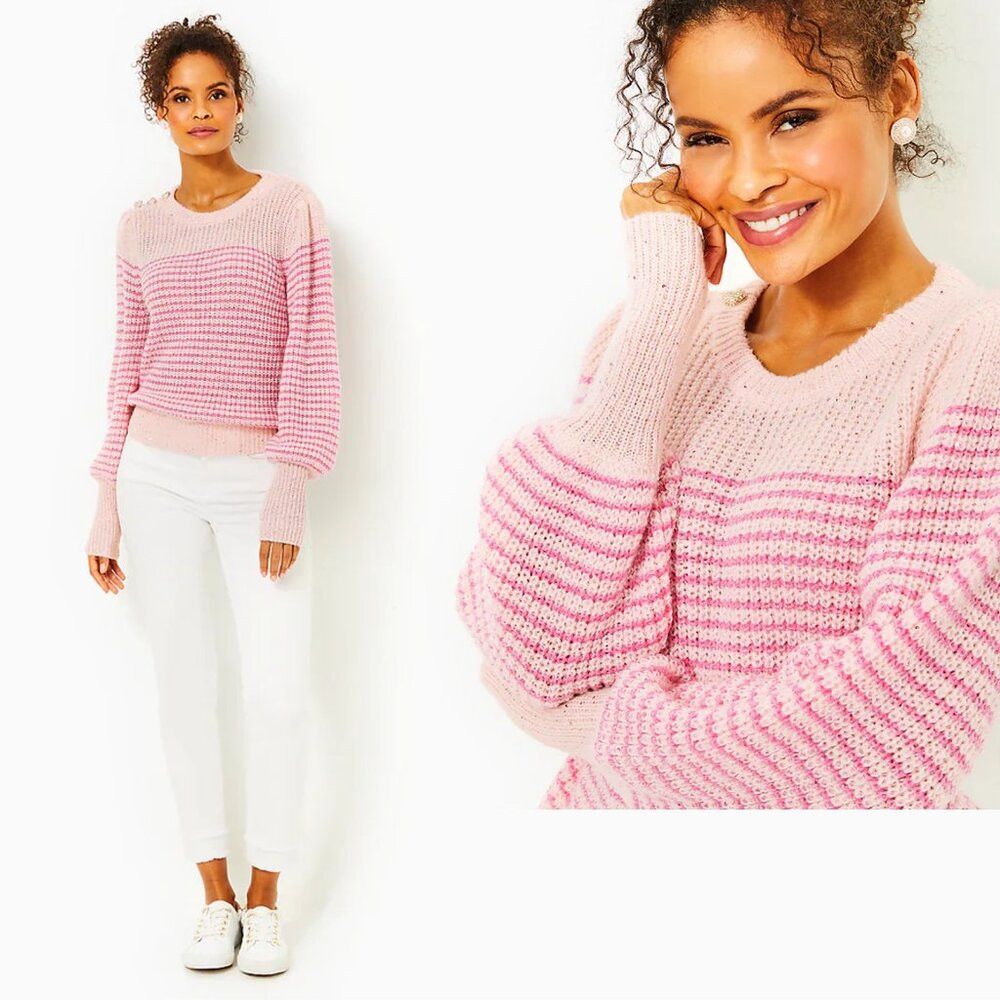 Lilly Pulitzer NWT New $148 Lilly Pulitzer Finney Peony Pink Sparkle Stri Size XL / US 12-14 / IT 48-50 - 2 Thumbnail