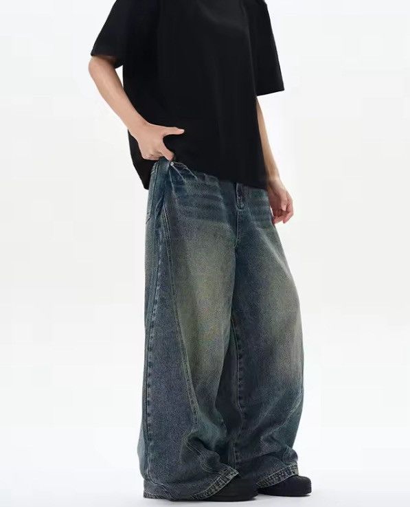 Jean Blue Washed Wide Leg Denim Jeans, Oversized Jeans Size US 27 - 2 Thumbnail