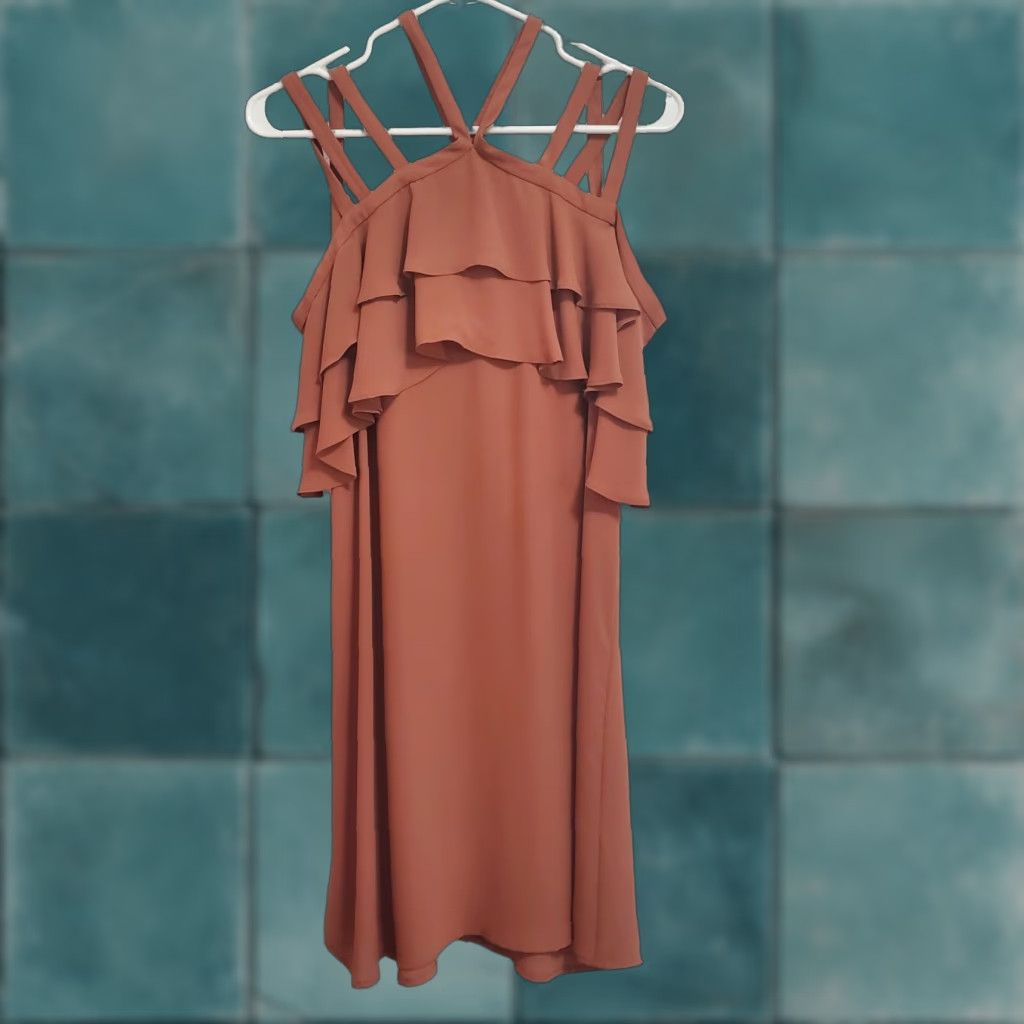 Bcbgmaxazria BCBGMAXAZRIA Womens Dress S Chelsey Cedarwood Cold Shoulder Ruffles Strappy Mini Dress - Terracotta Womens (S) Size S / US 4 / IT 40 - 1 Thumbnail