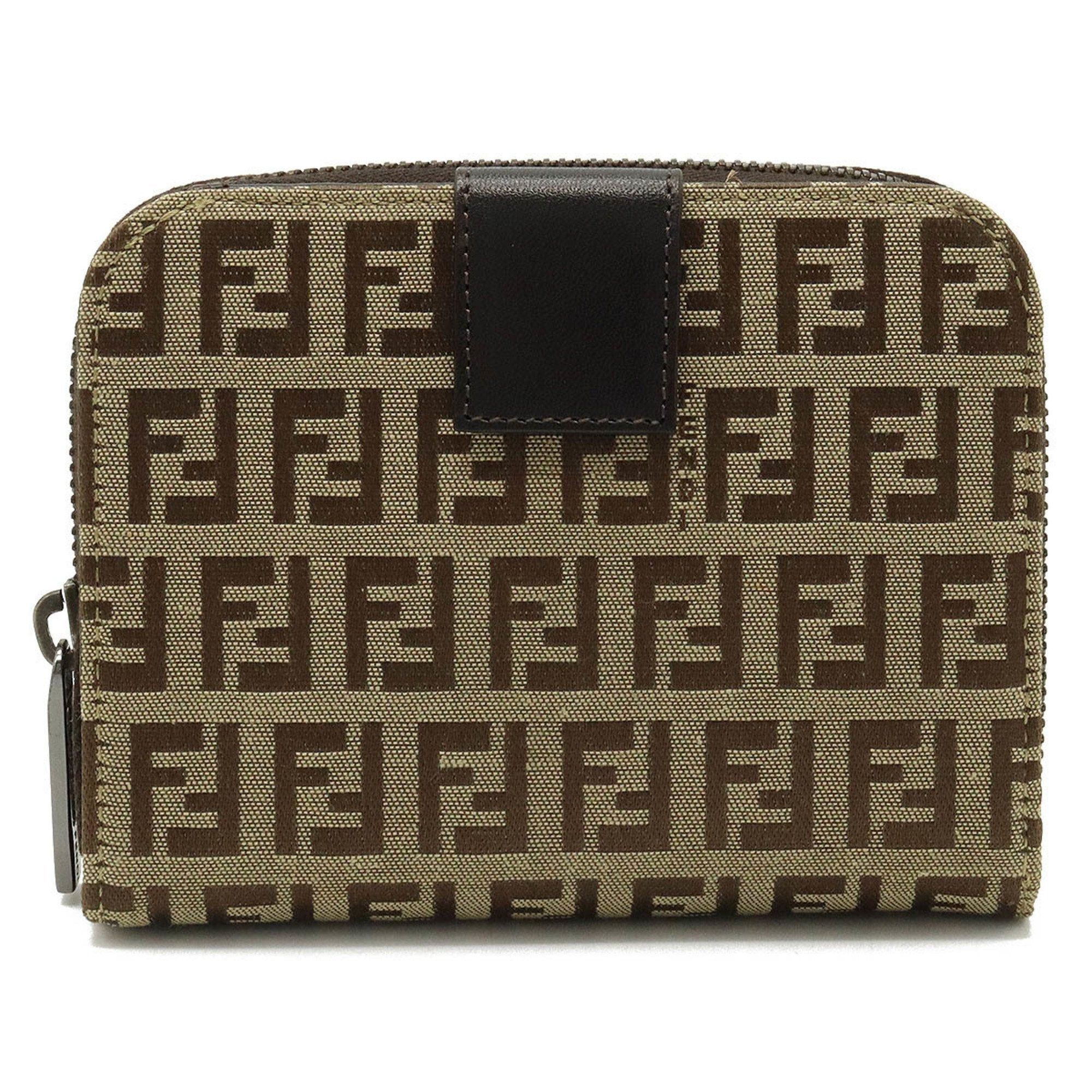 image of Fendi Zucchino Bifold Wallet Canvas Leather Beige Dark Brown 8M0018 in White, Women's