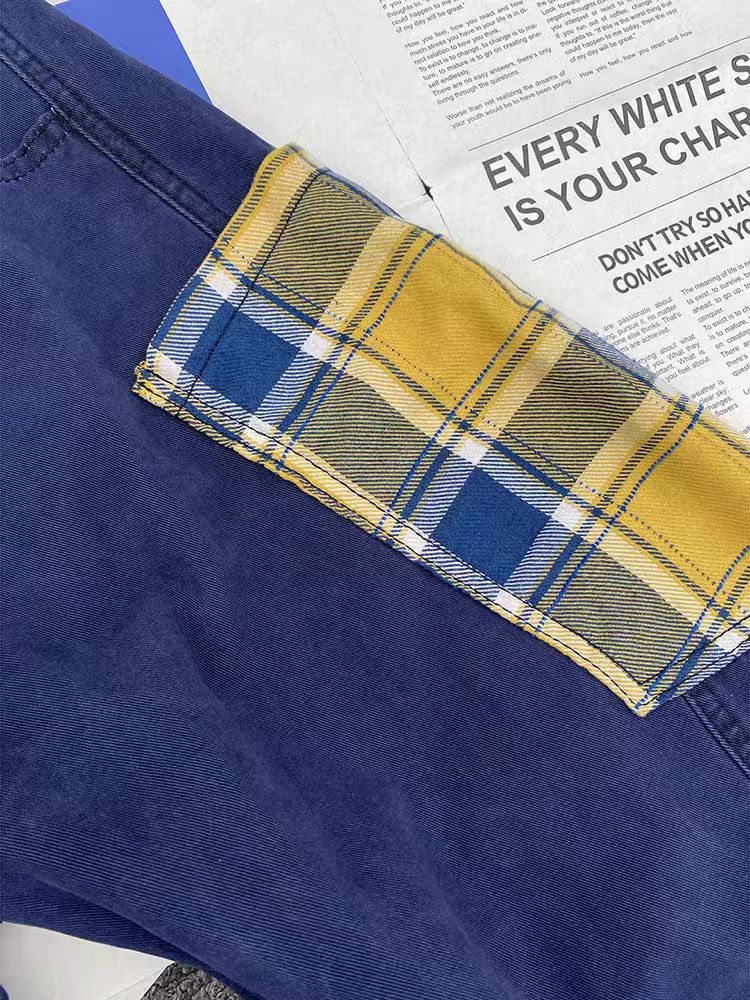 VIBE Navy Blue Checkered Patchwork Wide-Leg Jeans Size US 33 - 2 Thumbnail