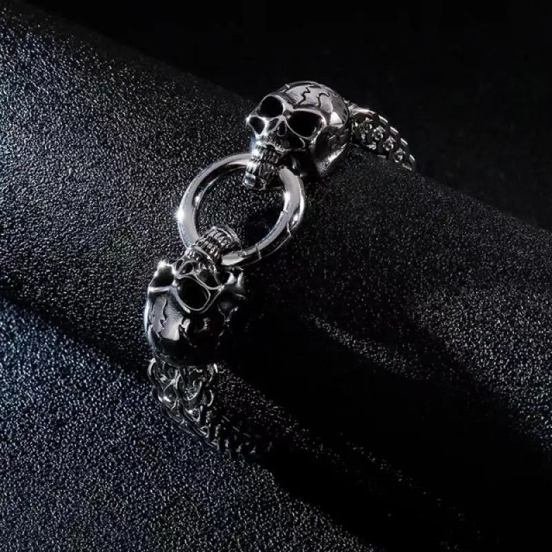 Jewelry Trendy Punk Stainless Steel Double Skull Bracelet Size ONE SIZE - 3 Thumbnail