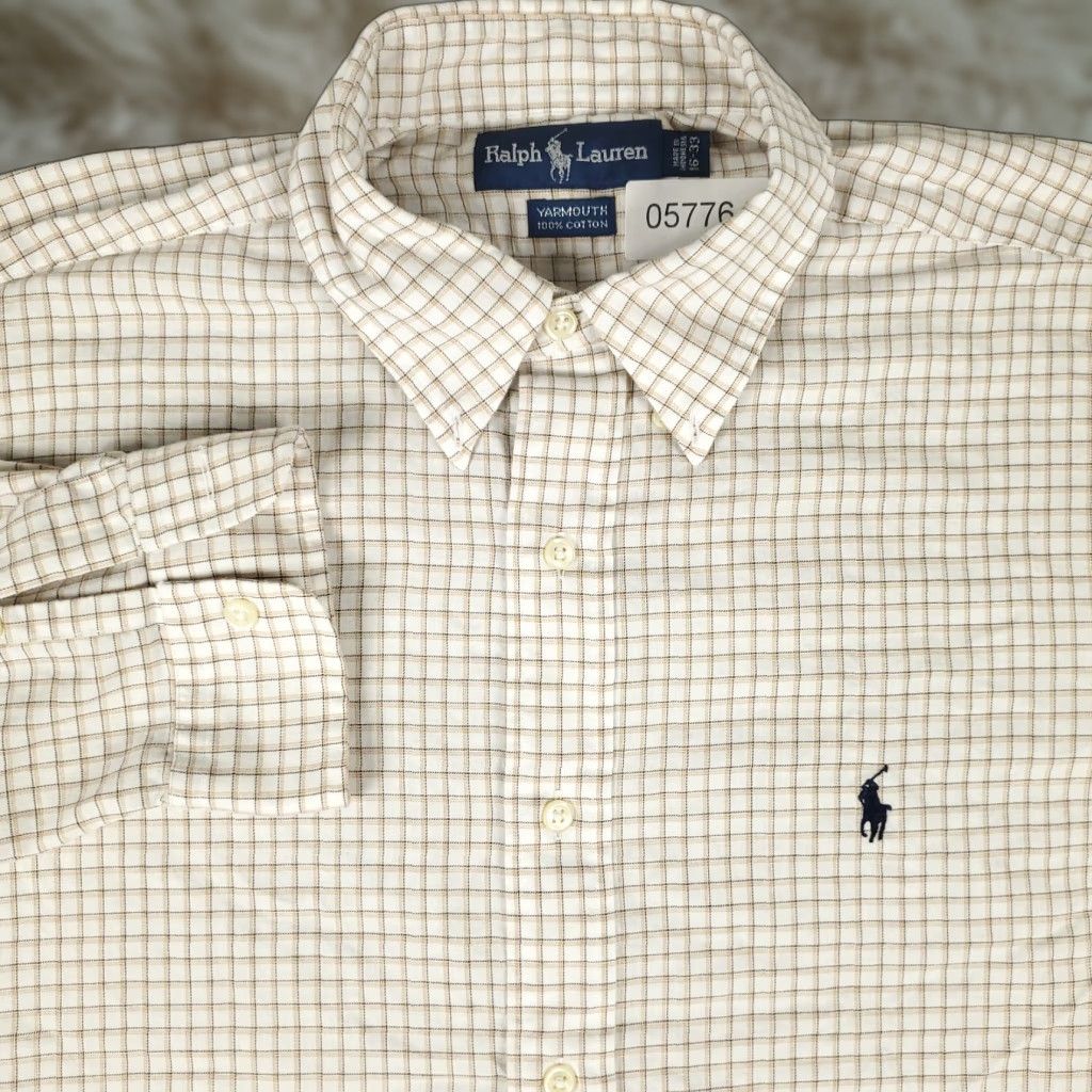 Ralph Lauren VINTAGE Ralph Lauren Dress Shirt Mens 16 Beige Check Long Sleeve Cotton Regular Fit Business Casual Formal Men Size 42R - 1 Thumbnail