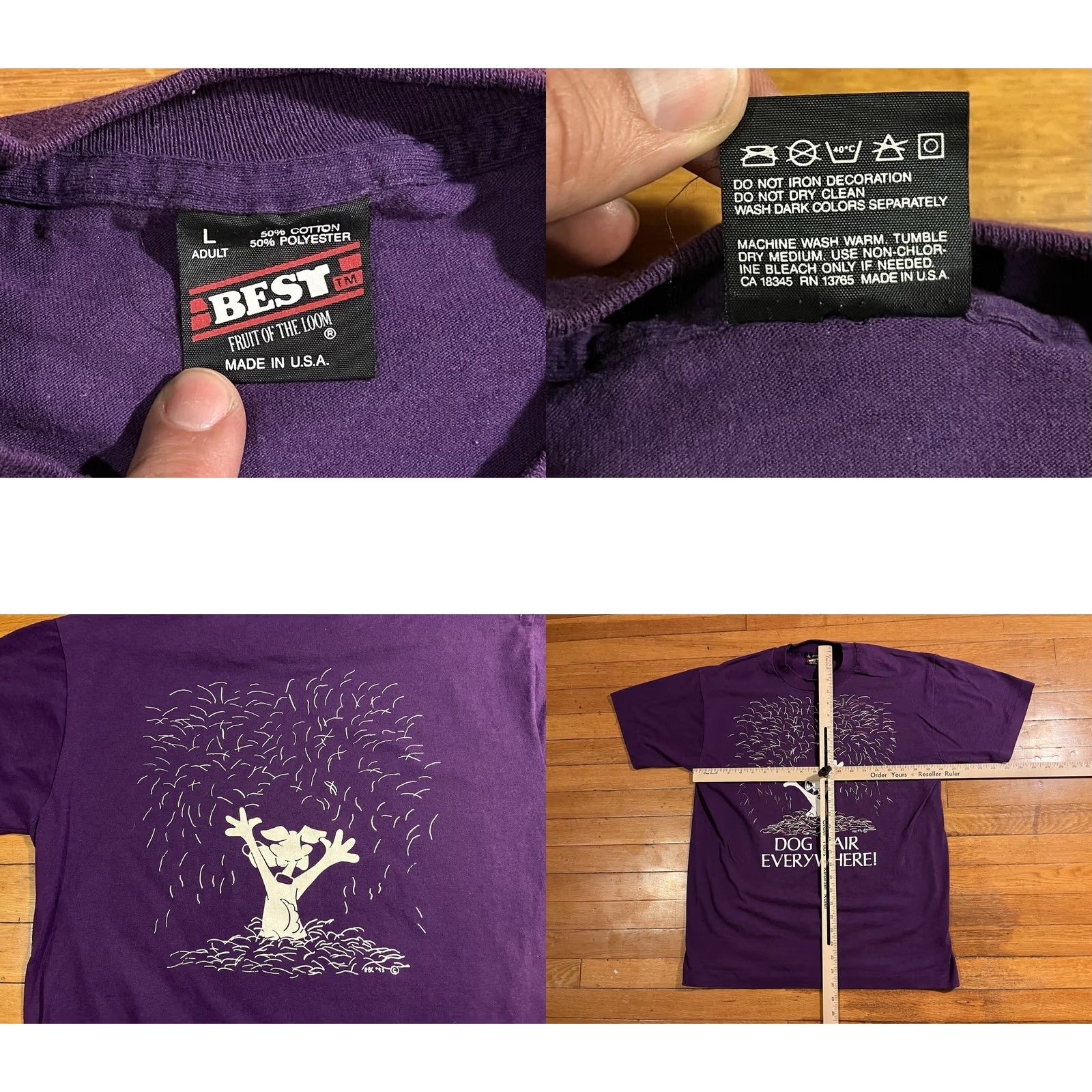 Fruit Of The Loom VINTAGE Dog Hair Everywhere Shirt Men’s L Purple Fruit Of The Loom Best 90s Logo Graphic Print T-Shirt Size US L / EU 52-54 / 3 - 8 Thumbnail