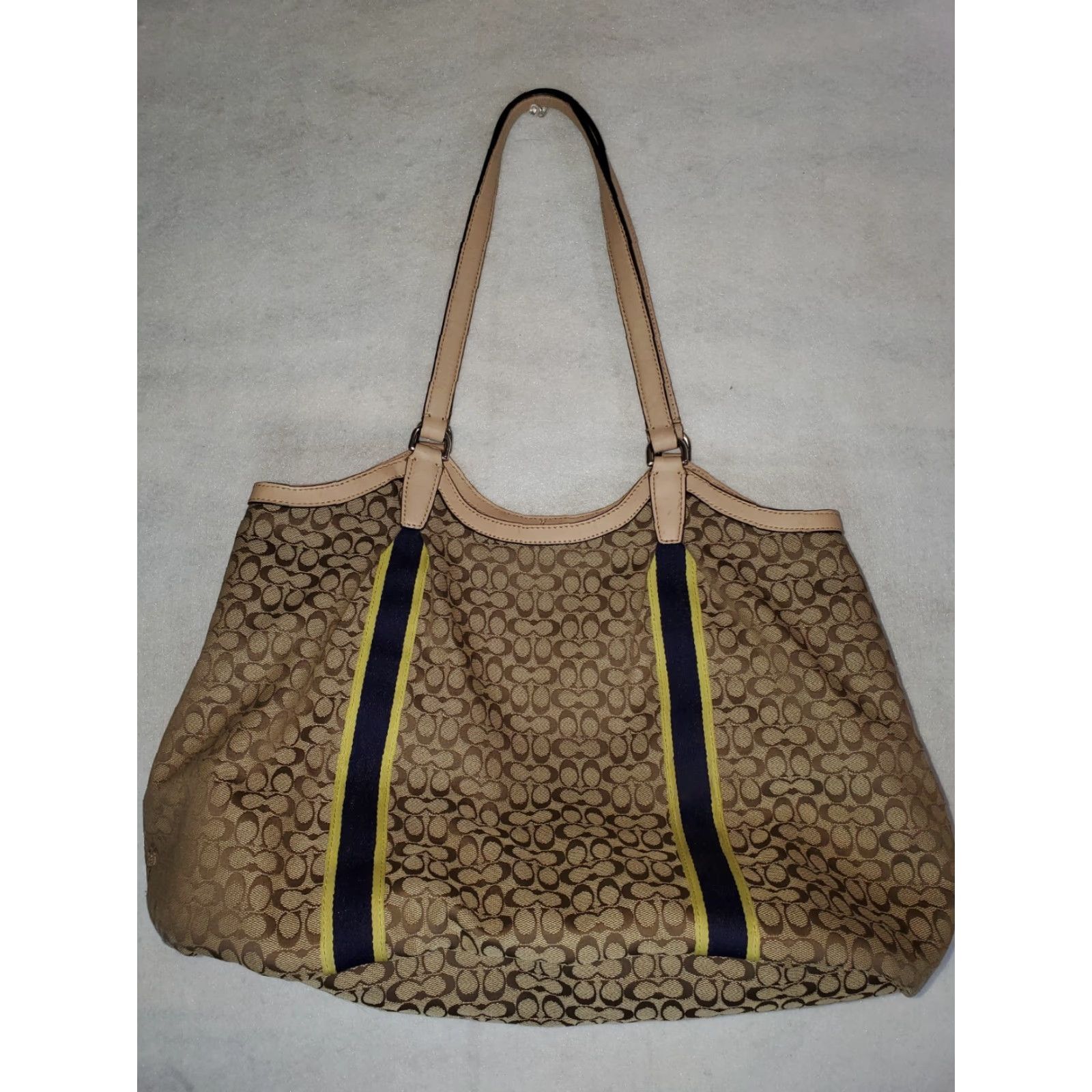 Coach Coach Signature Devin Shoulder Bag Brown w/ Blue & Yellow Stripe Medium Women Size ONE SIZE - 3 Thumbnail