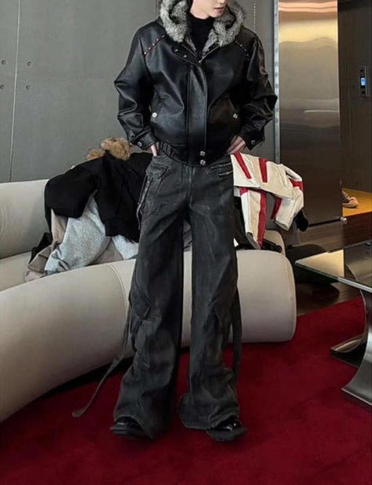 Vintage Black Faux Leather Hooded Jacket with Fur Trim Size US M / EU 48-50 / 2 - 2 Thumbnail