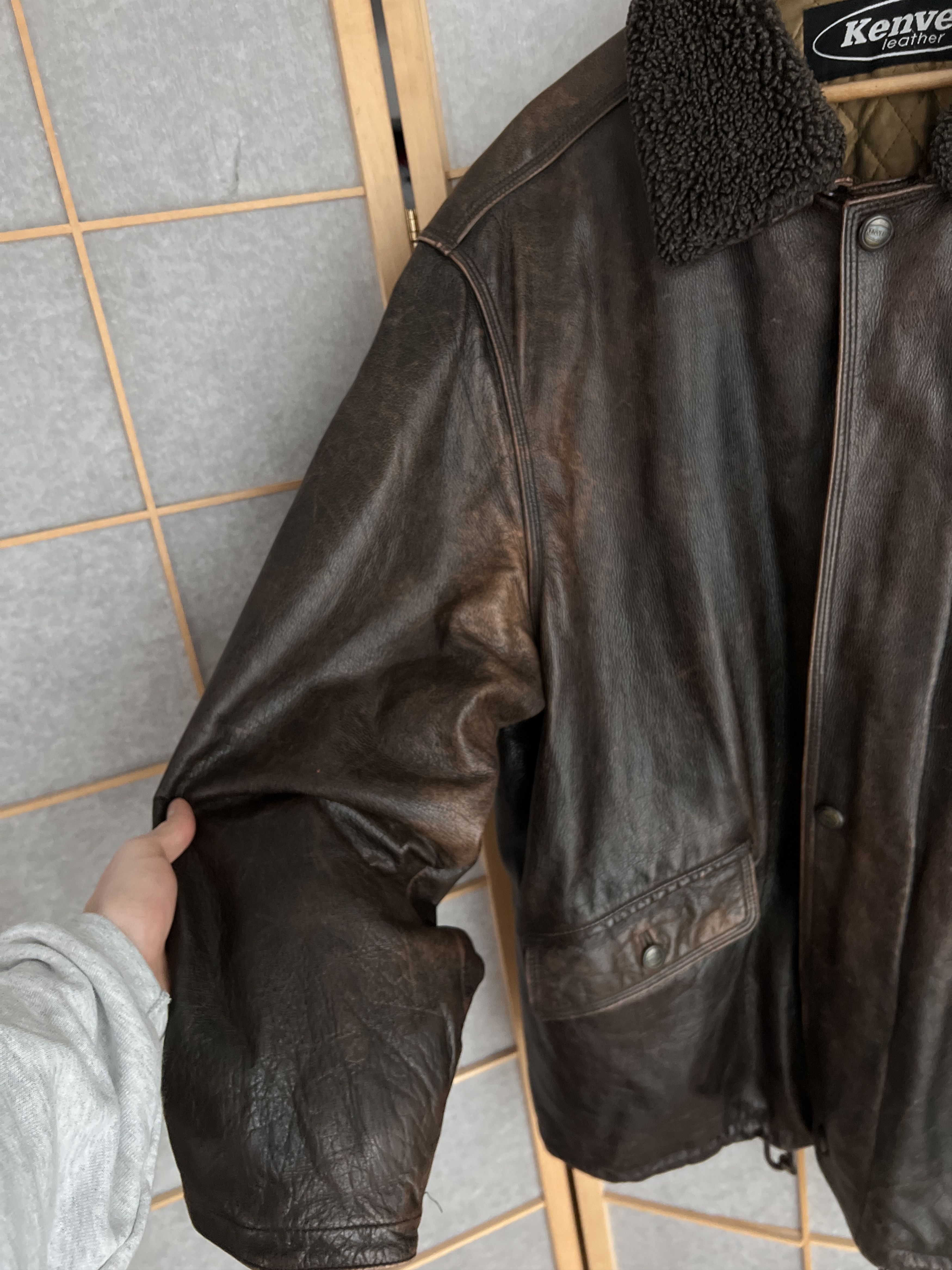 Other Crazy fit! VTG 90s Leather long hard coat jacket fur collar Size US XL / EU 56 / 4 - 15 Thumbnail