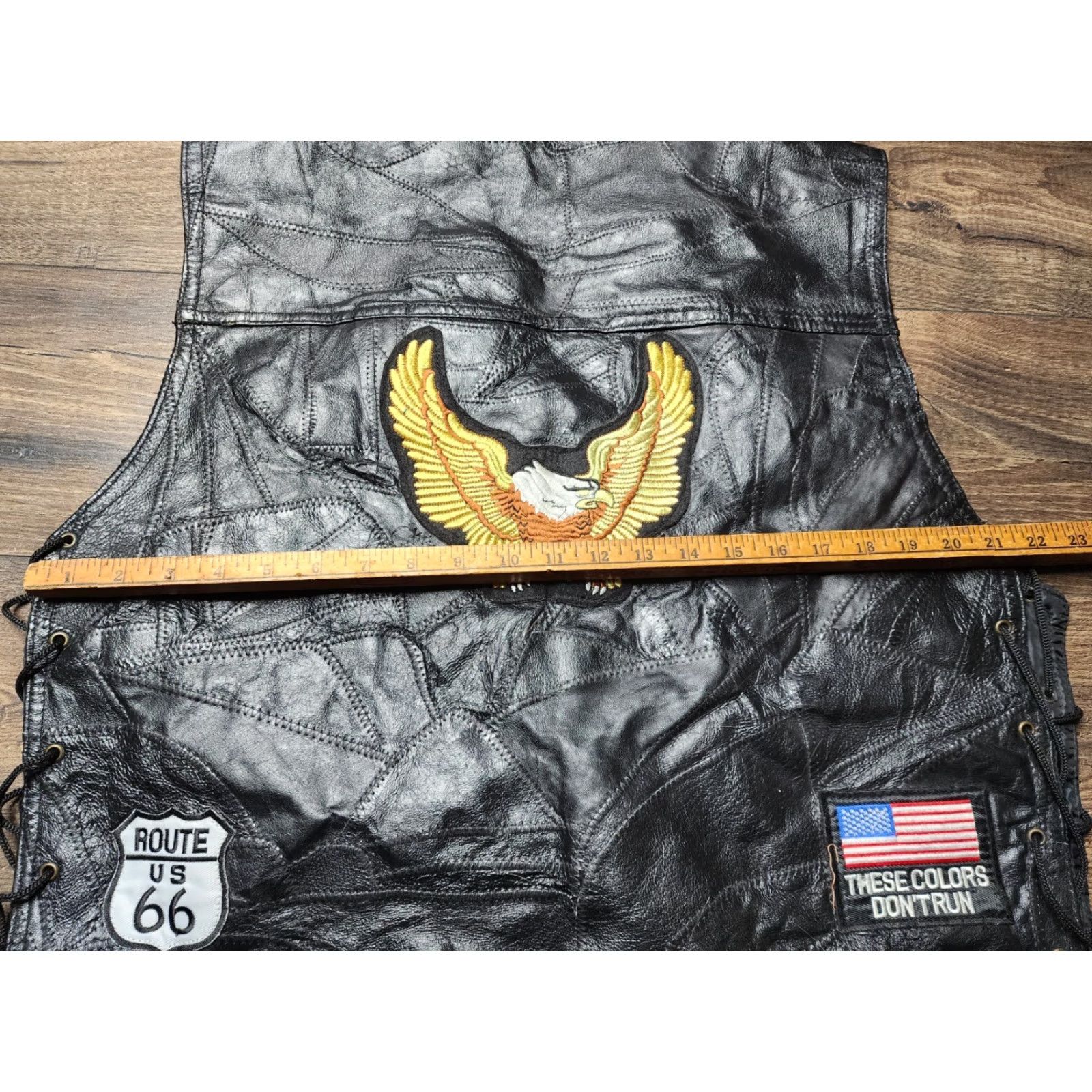 Route 66 Mens XXL Leather Biker Motorcycle Vest ROUTE 66 Eagle USA Patches Lace Up Sides Size US XXL / EU 58 / 5 - 4 Thumbnail