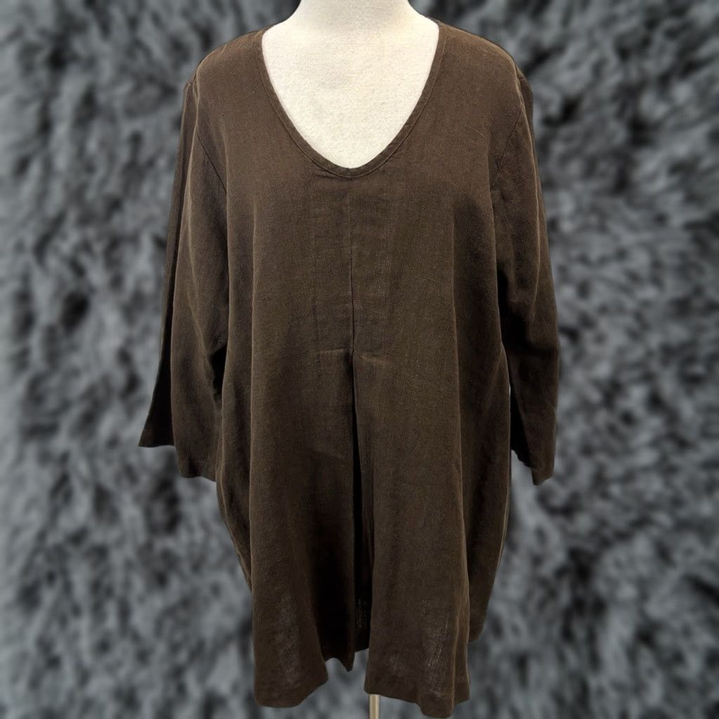 VINTAGE FLAX Linen Tunic Top Shirt L Chocolate Brown Lagenlook Artsy Comfort Womens
