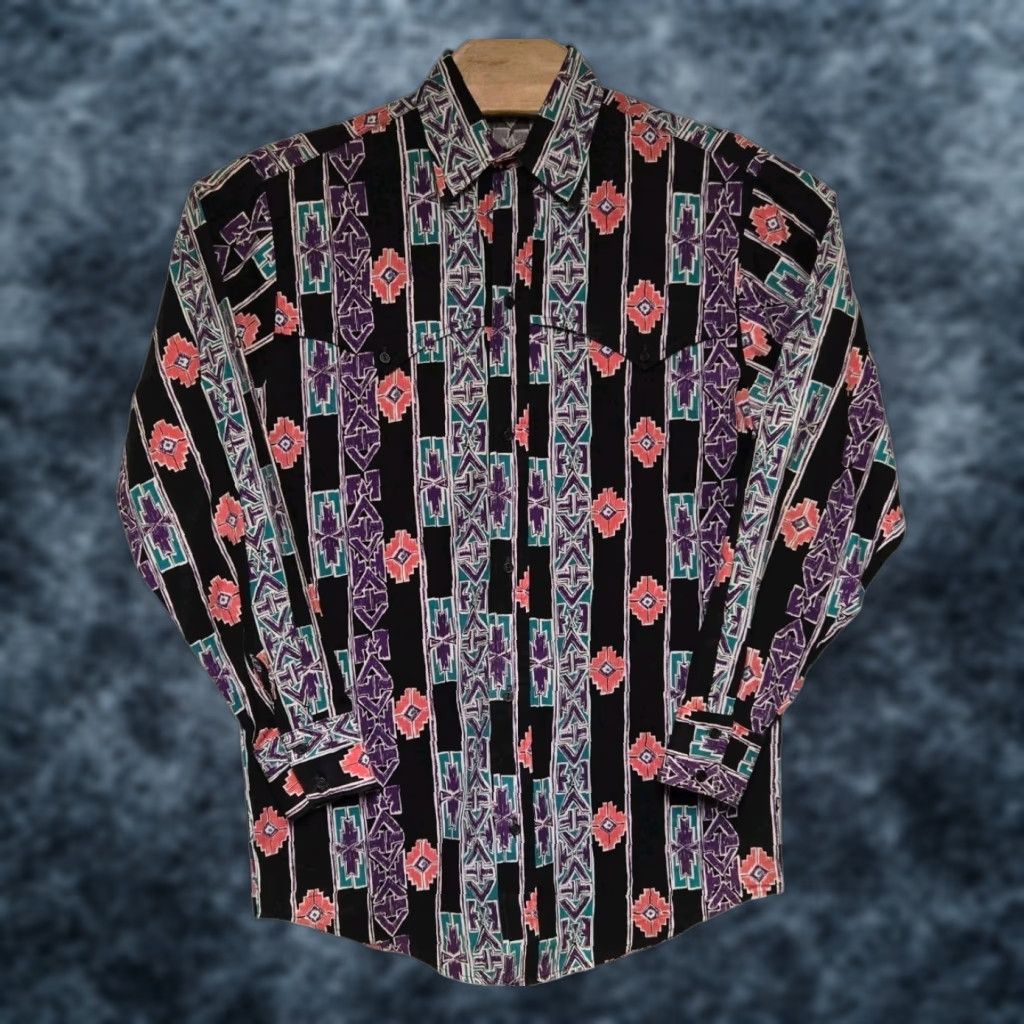 YOKE VTG Steer West Western Shirt Mens M Multicolor Button-Up Long Sleeve Collared Cotton USA Made Rodeo Yoke Aztec Rockabilly Pattern Dress Shirt Mens Size US M / EU 48-50 / 2 - 1 Thumbnail