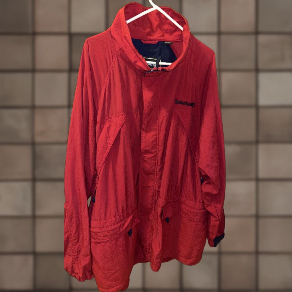 VINTAGE Timberland Windbreaker Jacket Men XXL Red Summer Spring Fall Casual Travel Nylon Zipper Pockets Hiking Golf
