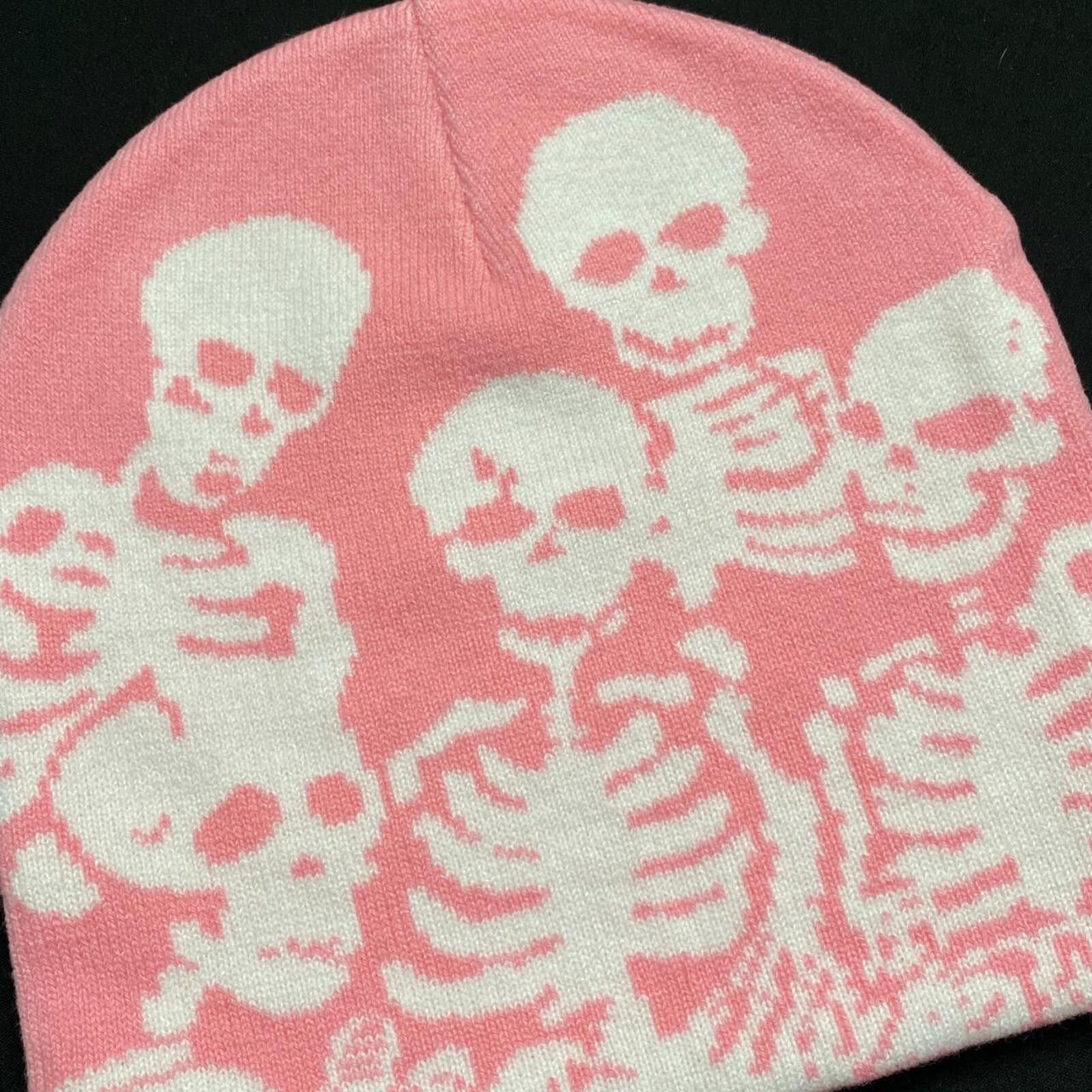 Japanese Brand Y2k Skeleton Graphic design No Cuff Knit Pink Beanie Size ONE SIZE - 2 Thumbnail