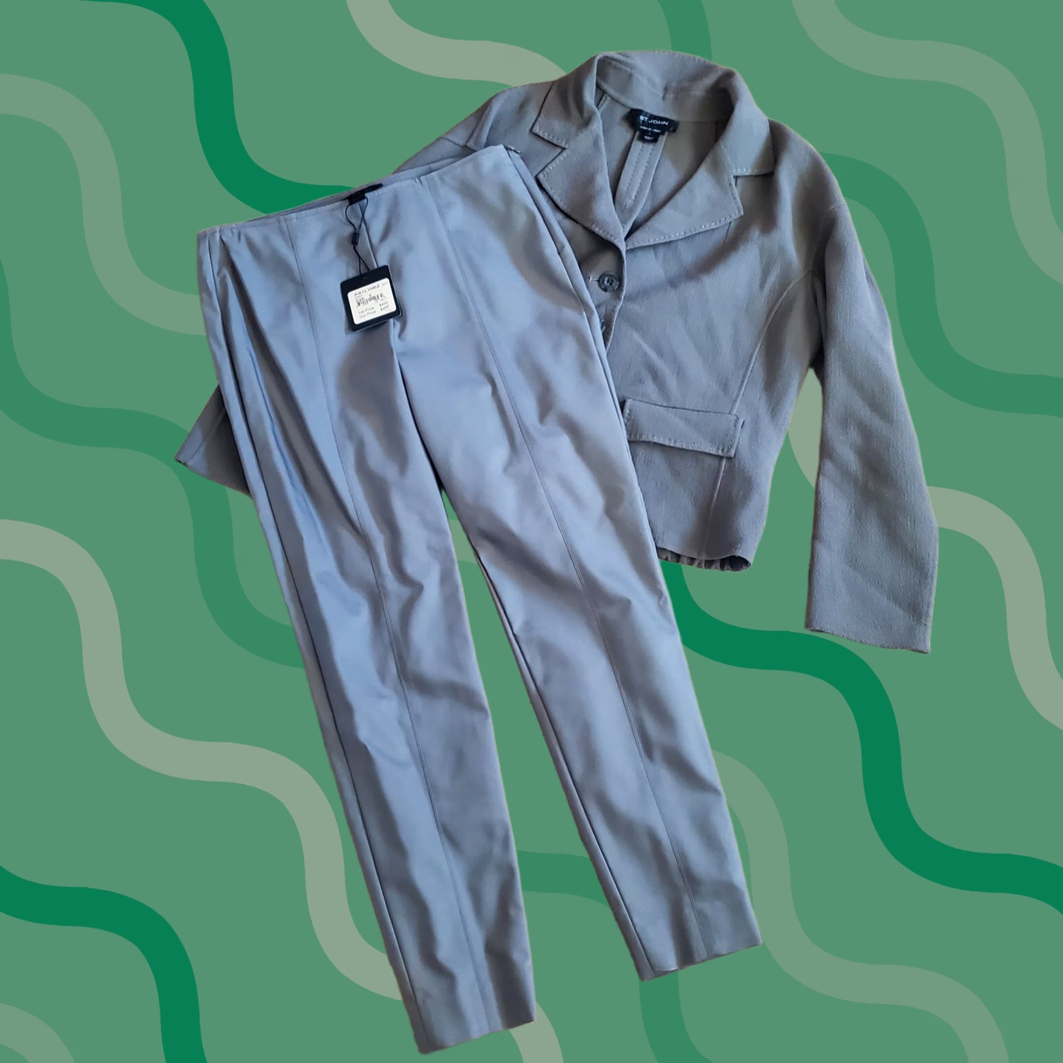 St. John St. John 2Pc Olive Military Green Jacket Blazer Stretch Pants Set 6 Cotton Wool Knit Style Solid Pattern Suit S 局 Size 28" / US 6 / IT 42 - 1 Thumbnail