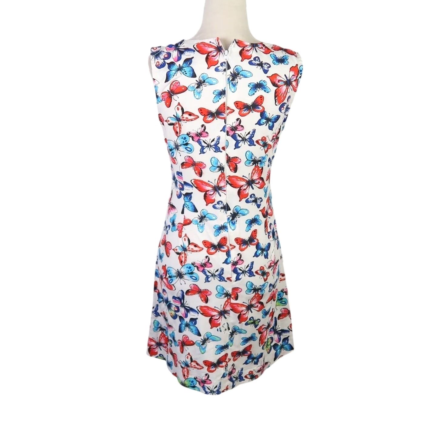 VINTAGE 90s White Red Blue Butterfly Print Mini Dress S Womens Sleeveless  Cotton Short Zip