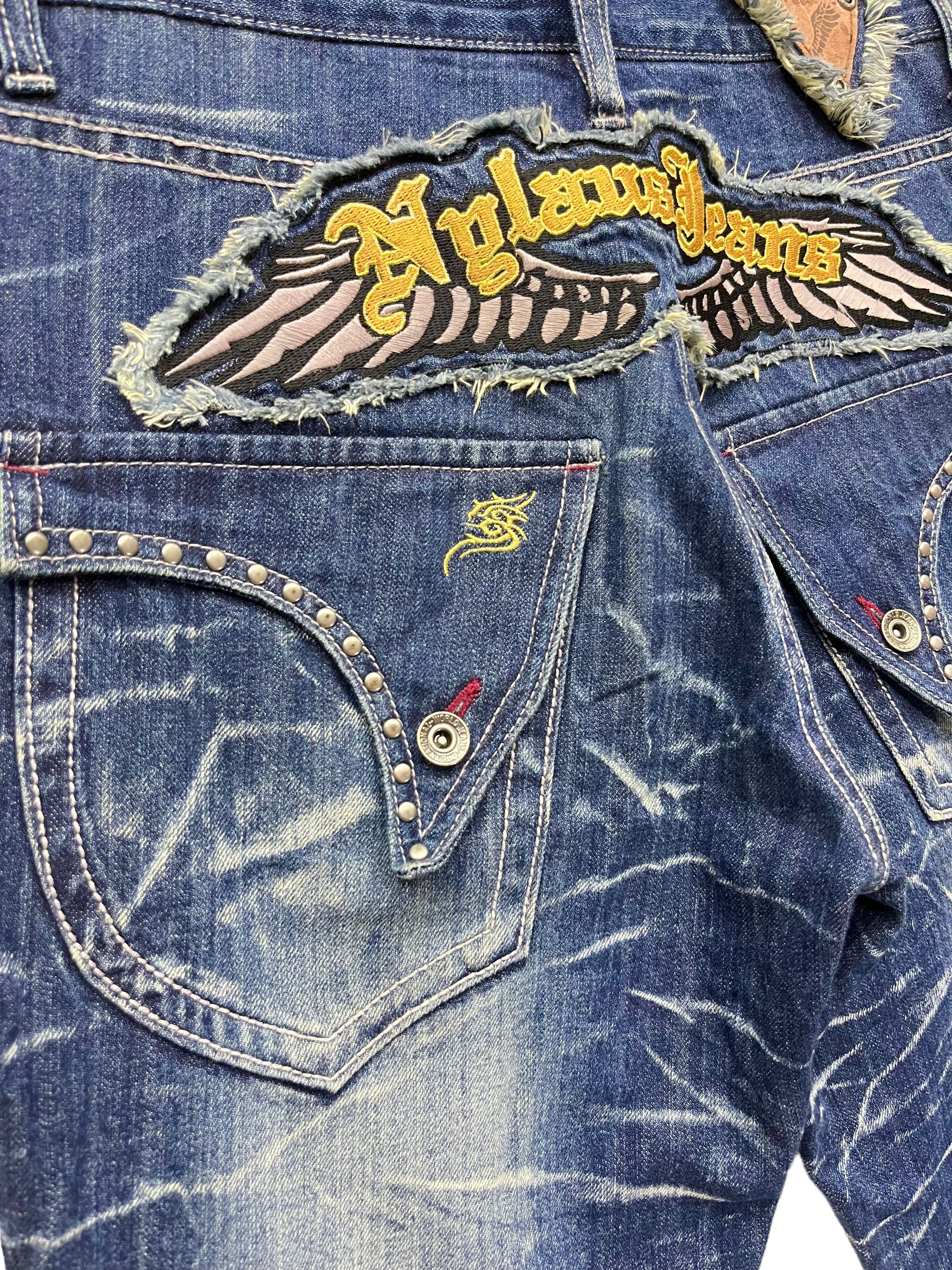 Fashion Victim NYLAUS Long Flap Studded Embroidery Winged Acid Wash Flared Size US 31 - 10 Thumbnail