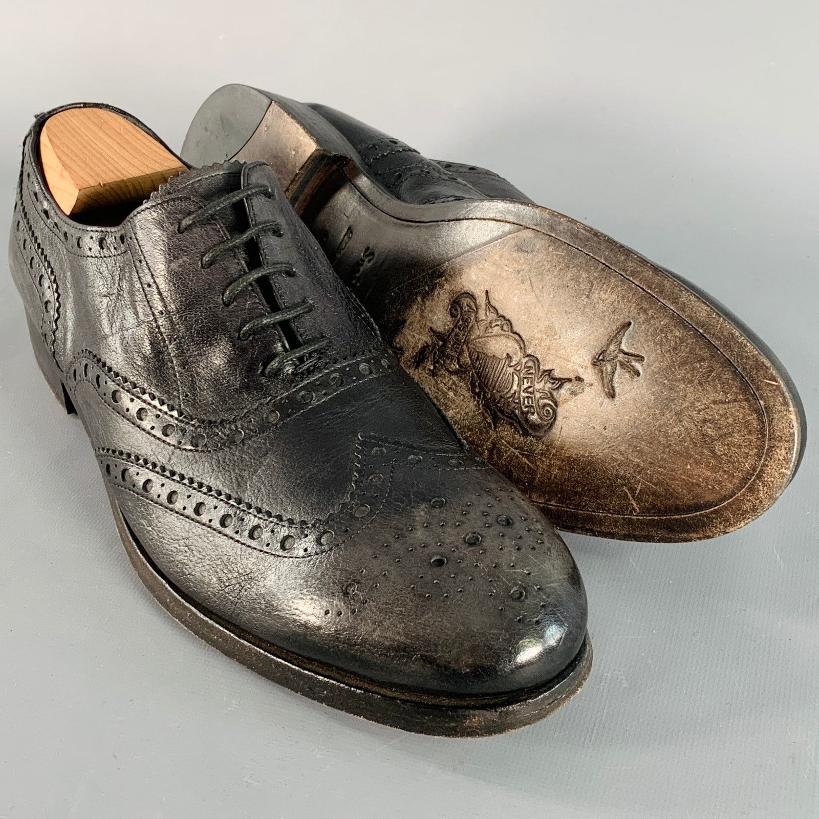Paul Smith 10.5 Black Distressed Leather Wingtip Lace-Up Shoes Size US 10.5 / EU 43-44 - 5 Thumbnail