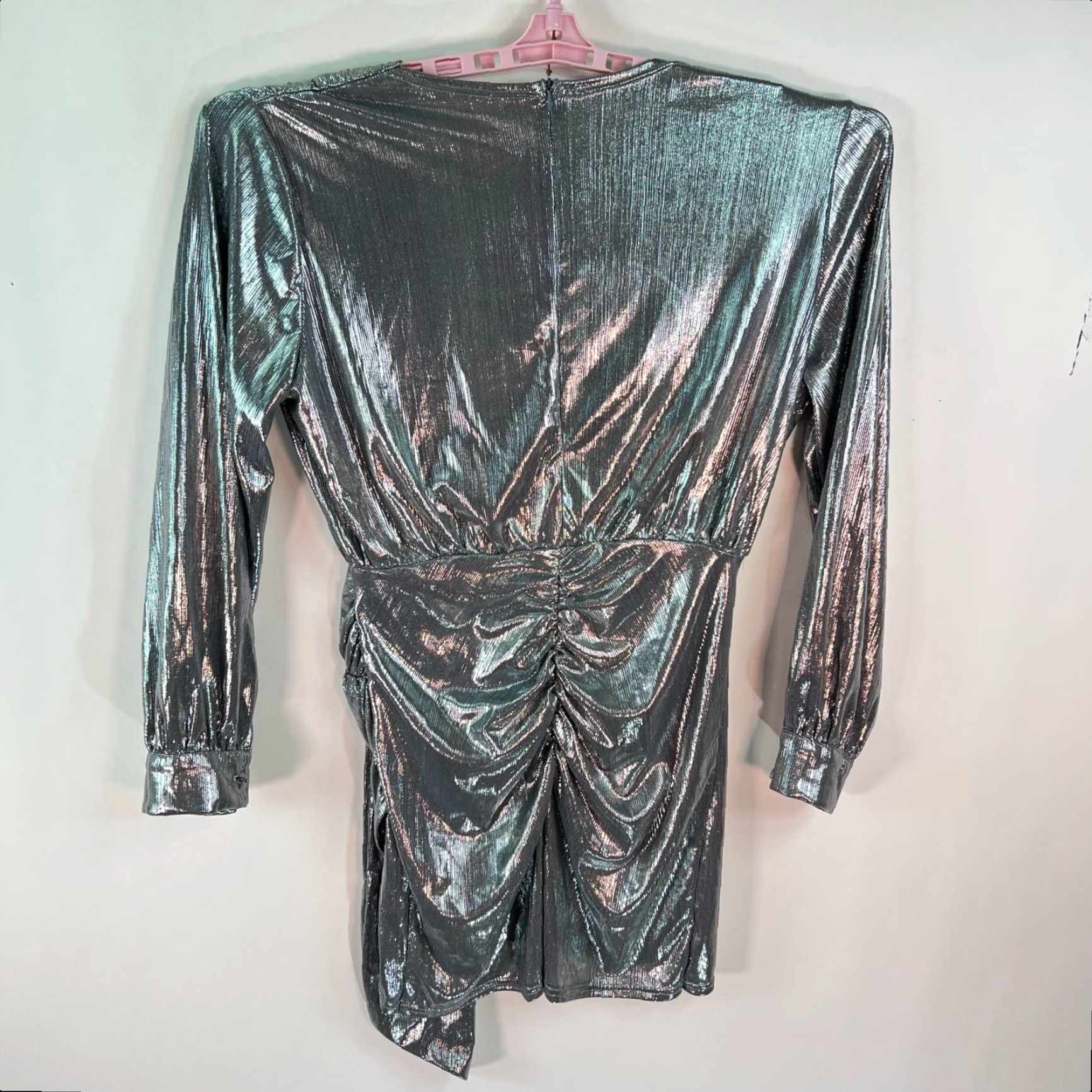 Vintage SCENE STEALER METALLIC DRESS Womens Midi Pullover Dress V-Neck Silver Wrap Dress Long Sleeve XS/Size M not applicable Size M / US 6-8 / IT 42-44 - 5 Thumbnail