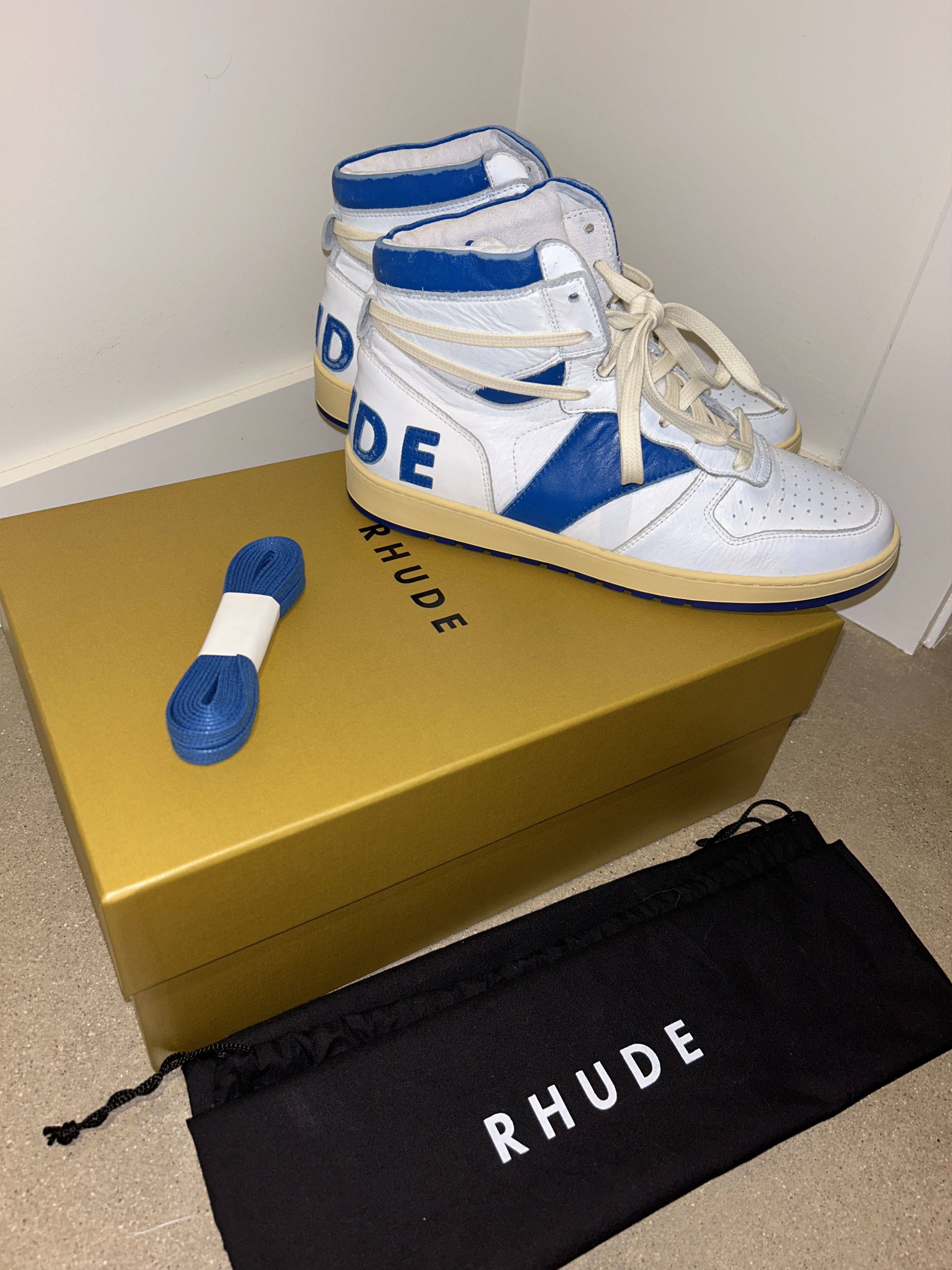 image of Rhude Recess Hi Shoes in White/Blue, Men's (Size 7)