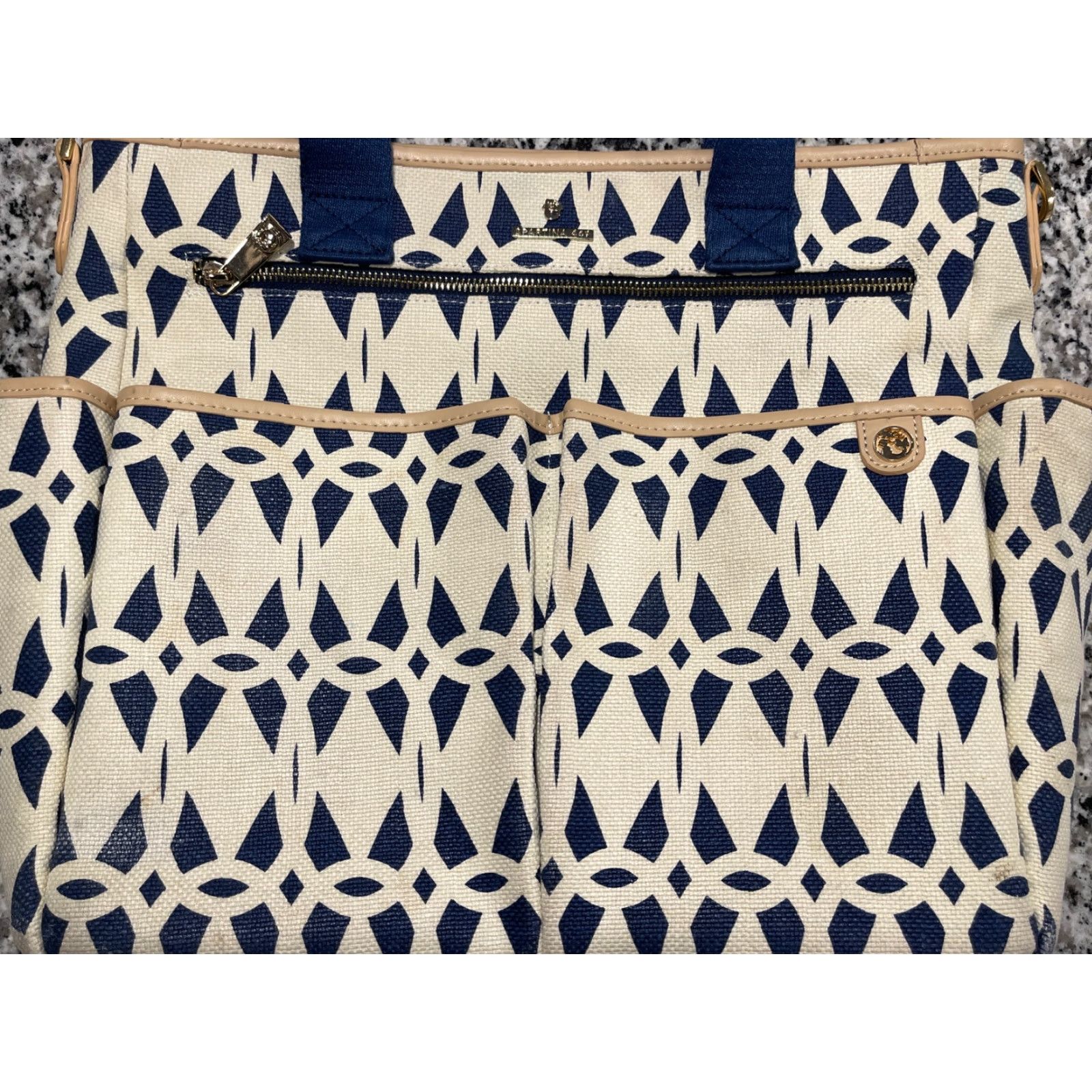 Vintage SPARTINA 449 Daufuskie Island Tybrisa Colypso Diaper Bag, Natural Linen/Leather Handbag Blue/White Exterior Lined Women Size ONE SIZE - 2 Thumbnail