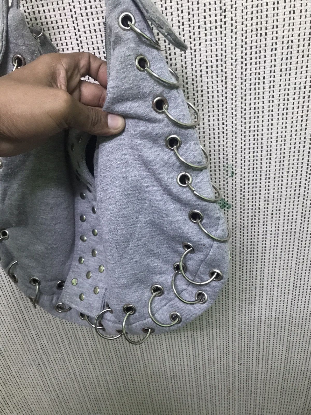 Japanese Brand “Grey Studded Punk Shoulder Bag with Grommet Lace-Up Design” Size ONE SIZE - 6 Thumbnail
