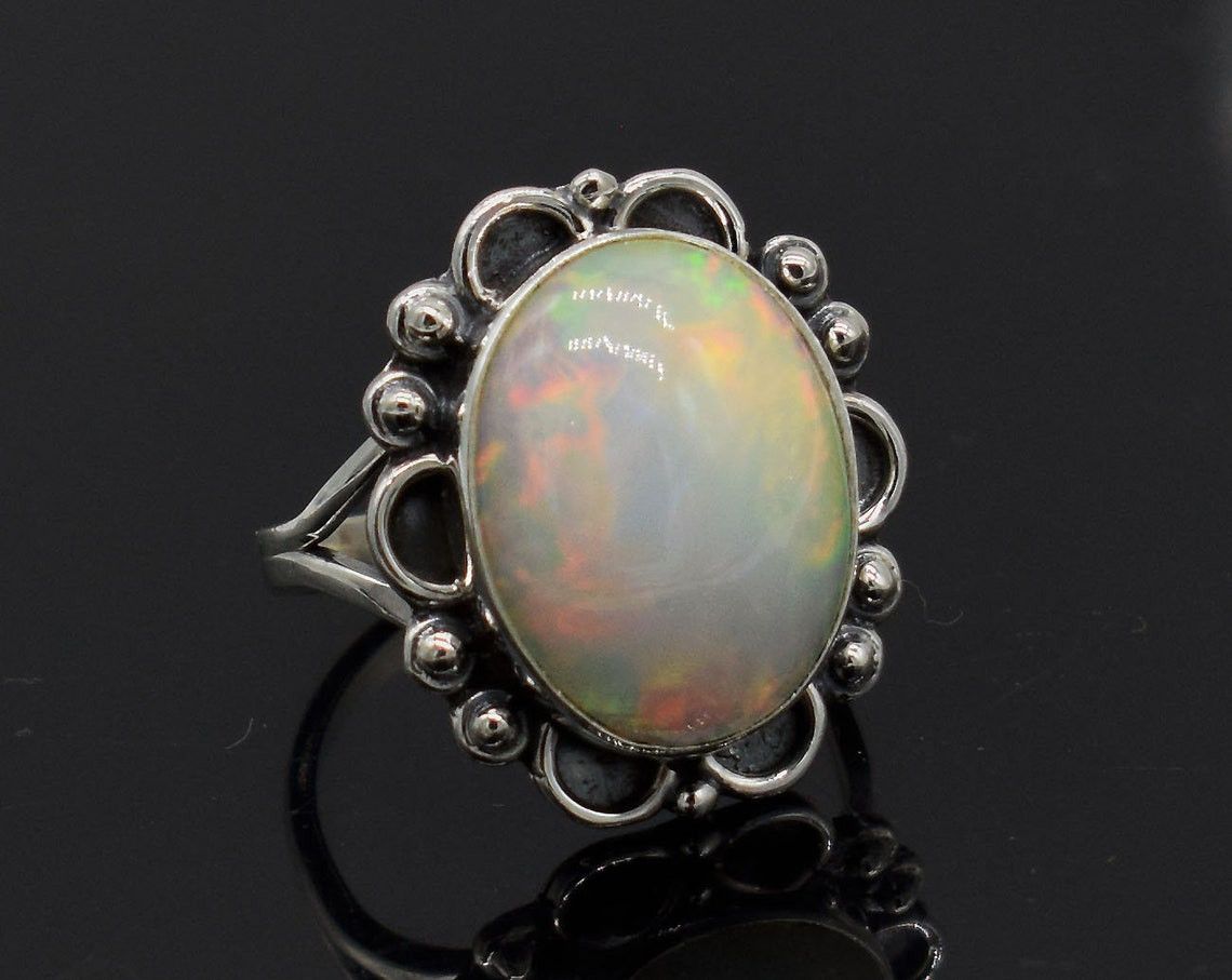 Handmade Natural Ethiopian Opal Ring 925K Silver Statement Ring Size ONE SIZE - 1 Thumbnail