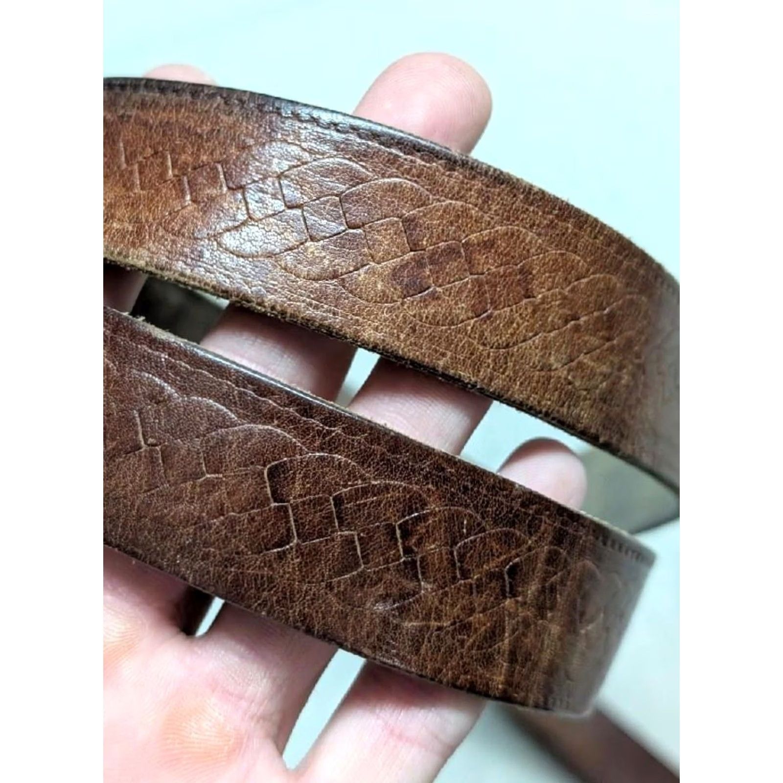 Vintage VINTAGE handcrafted western belt Tooled belt buckle 40 brown cowhide leather patina Men Belt XS? Size 40 - 2 Thumbnail