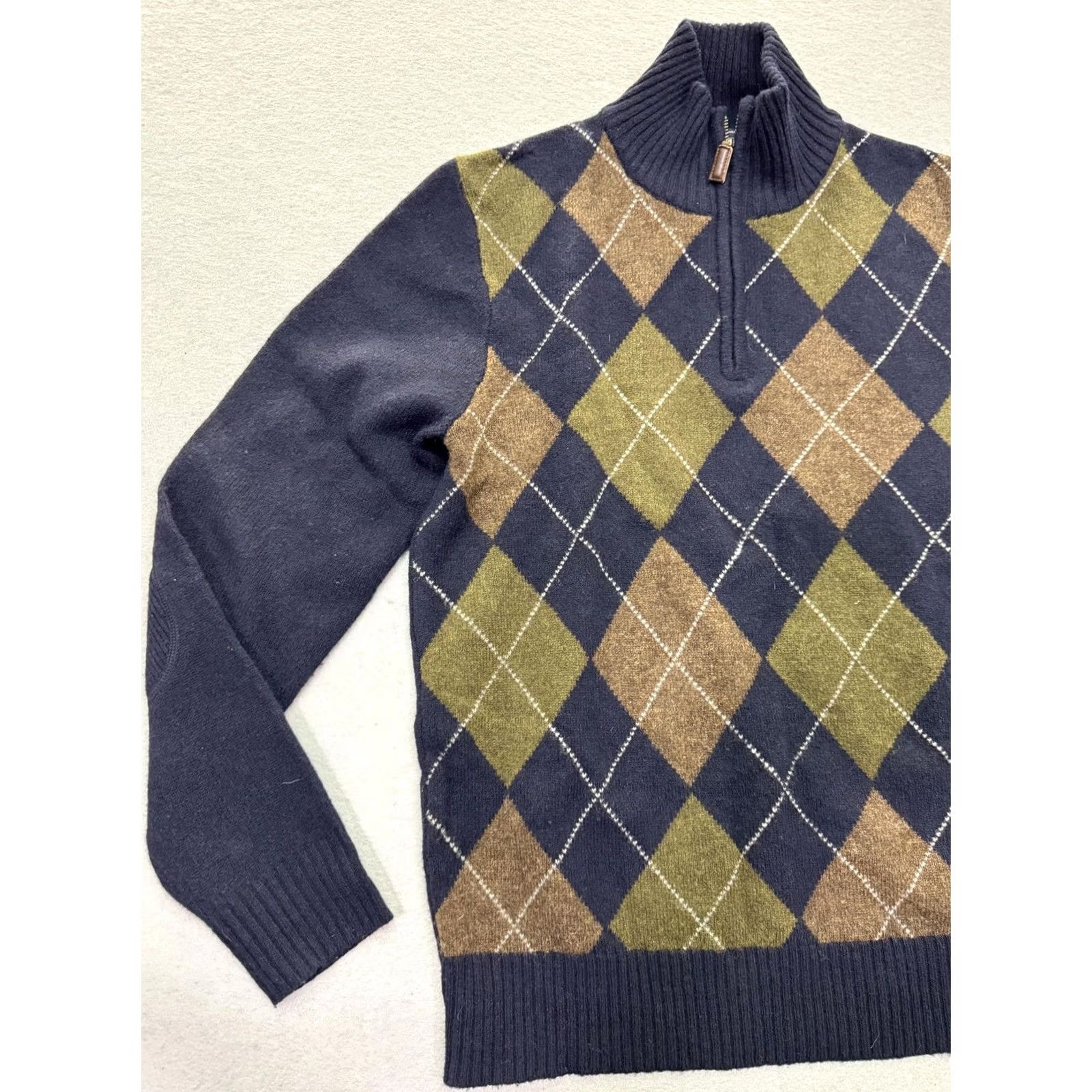 J.Crew J Crew Mens Medium Navy Argyle Lambswool Quarter Zip Pullover Sweater Size US M / EU 48-50 / 2 - 3 Thumbnail