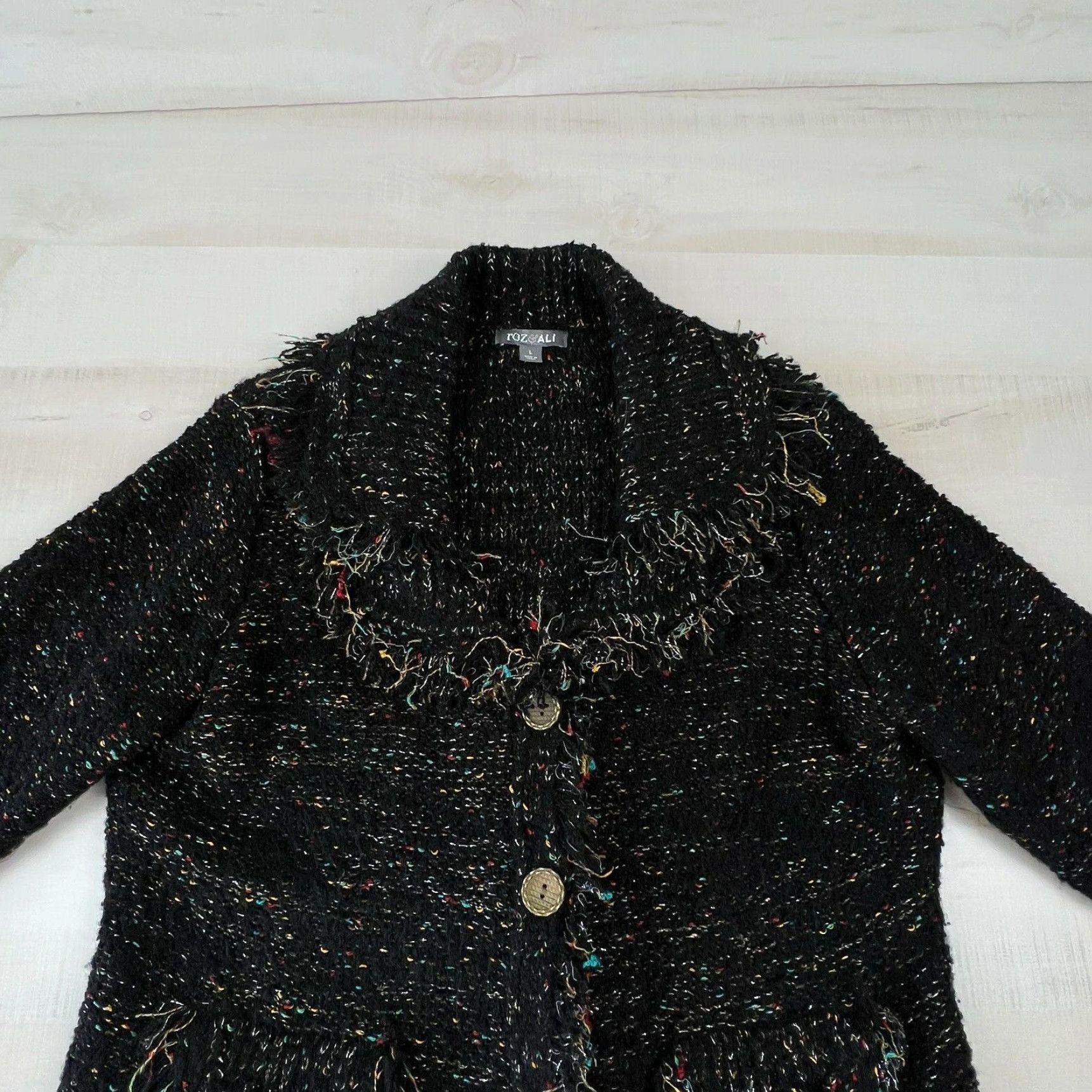 Vintage Roz & Ali Womens Long Sleeve Cardigan Sweater Large Black Fringe Metallic Thread Ladies Size L / US 10 / IT 46 - 2 Thumbnail