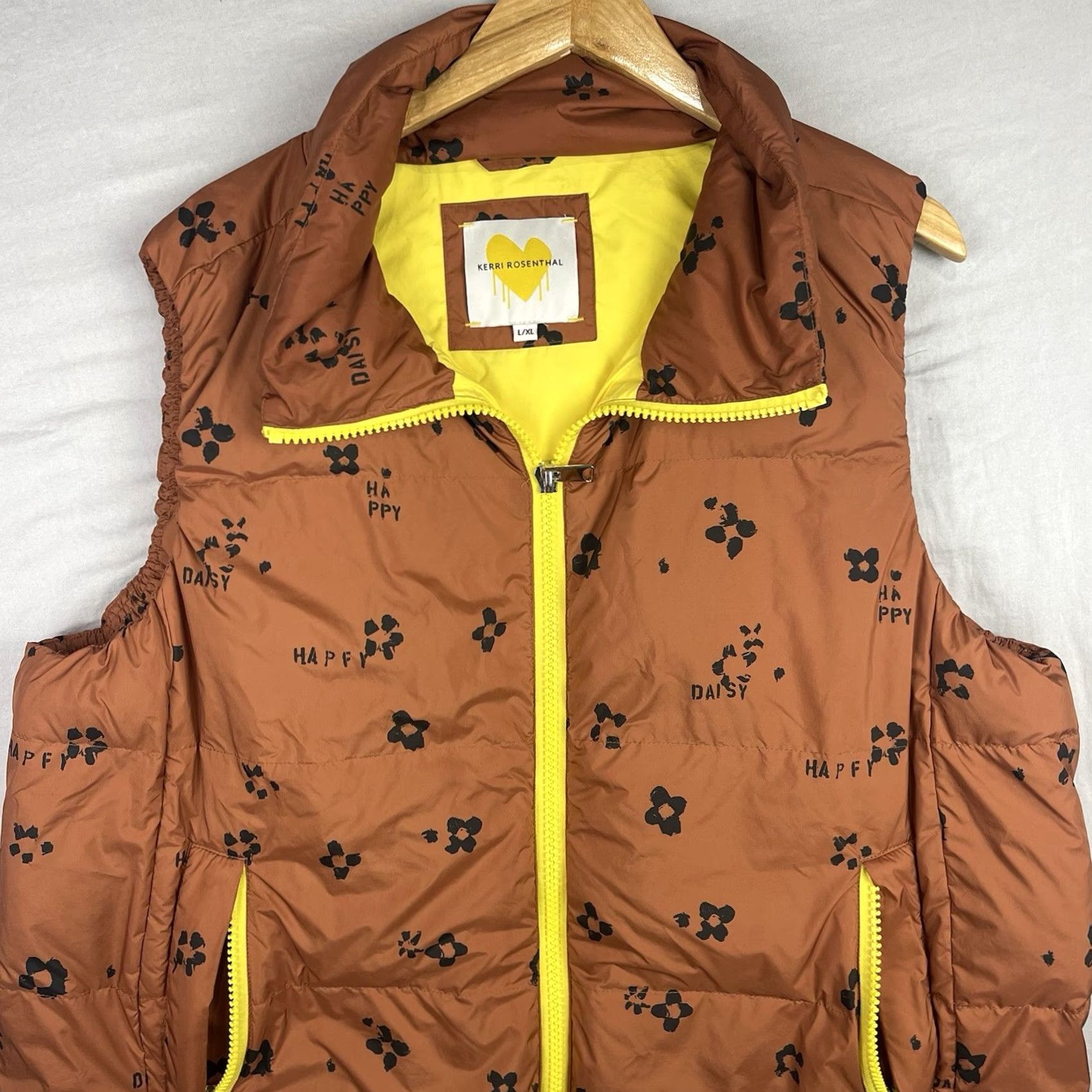 Vintage Kerri Rosenthal Vest Womens Large XL Brown Yellow Happy Daisy Puffer Full Zip Size XL / US 12-14 / IT 48-50 - 2 Thumbnail
