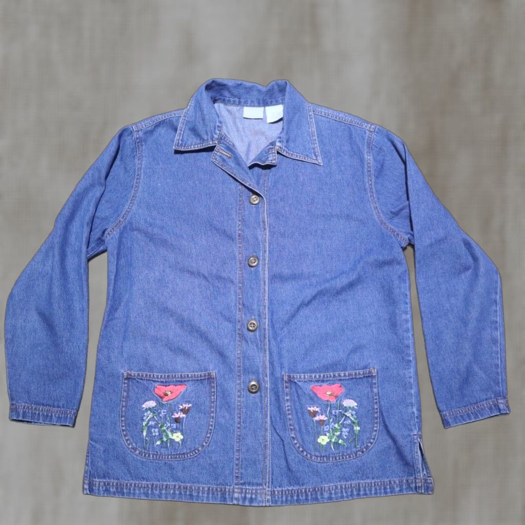 Blair BLAIR Denim Shirt Long Sleeve Womens Size LARGE Blue Floral Embroidery Shirt Jacket Style Denim Shirt 90s? Mens? Size L / US 10 / IT 46 - 1 Thumbnail
