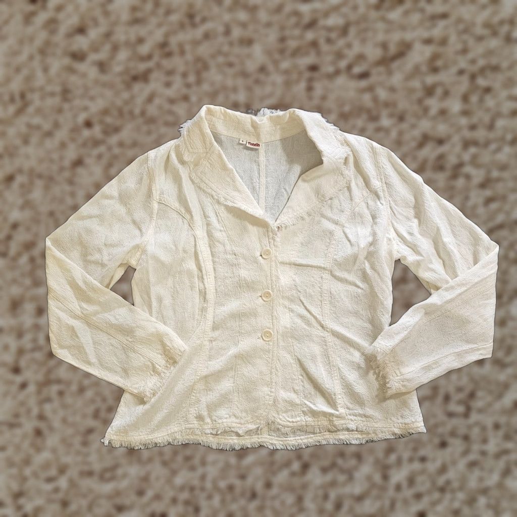 Vintage Tianello Jacket Womens Large White Knit Texture Blazer Raw Hem Button Closure Mid-Length Long Sleeve Size L / US 10 / IT 46 - 1 Thumbnail