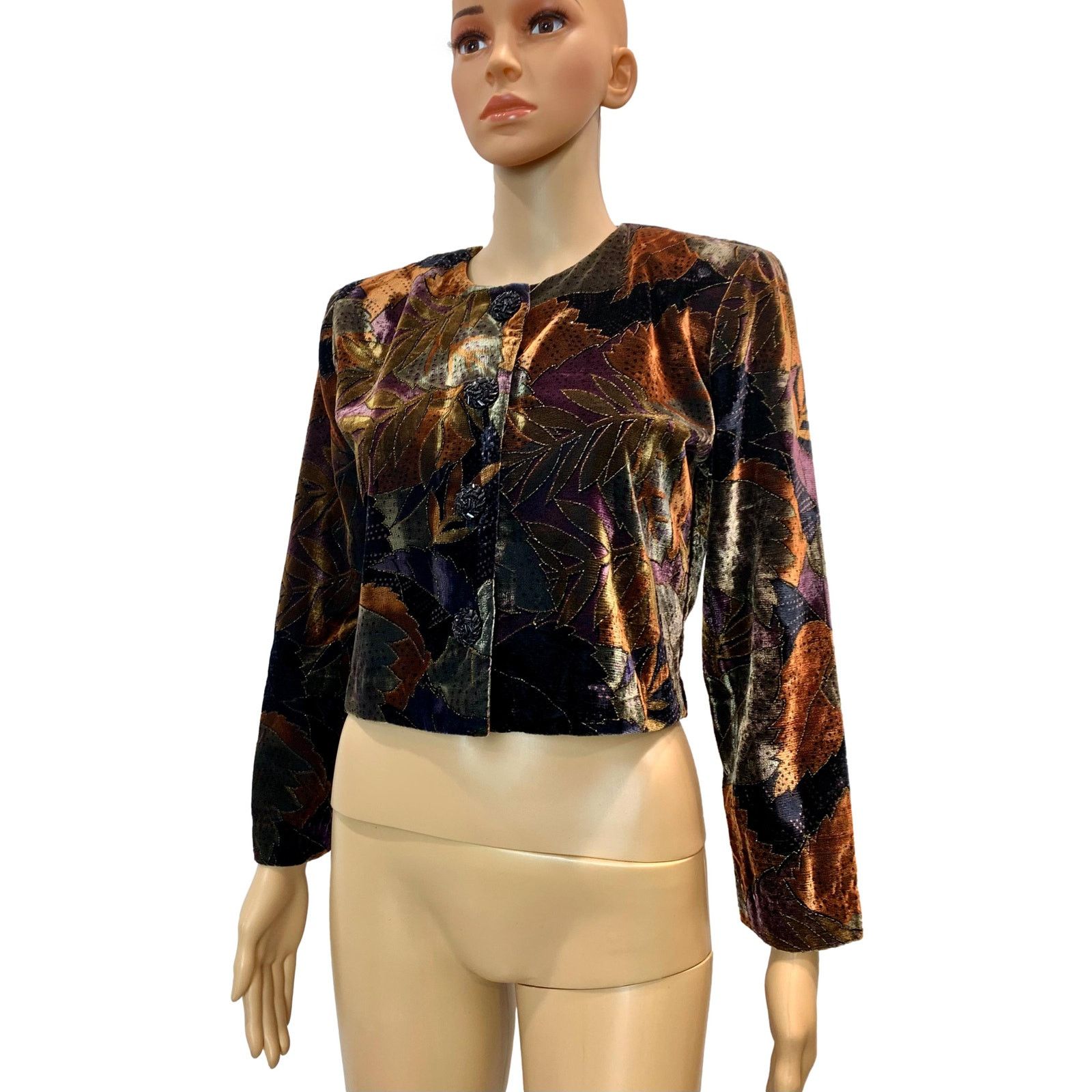 Vintage 80s Cropped Painted Velvet Jacket | Metallic Brown Purple Size S / US 4 / IT 40 - 3 Thumbnail