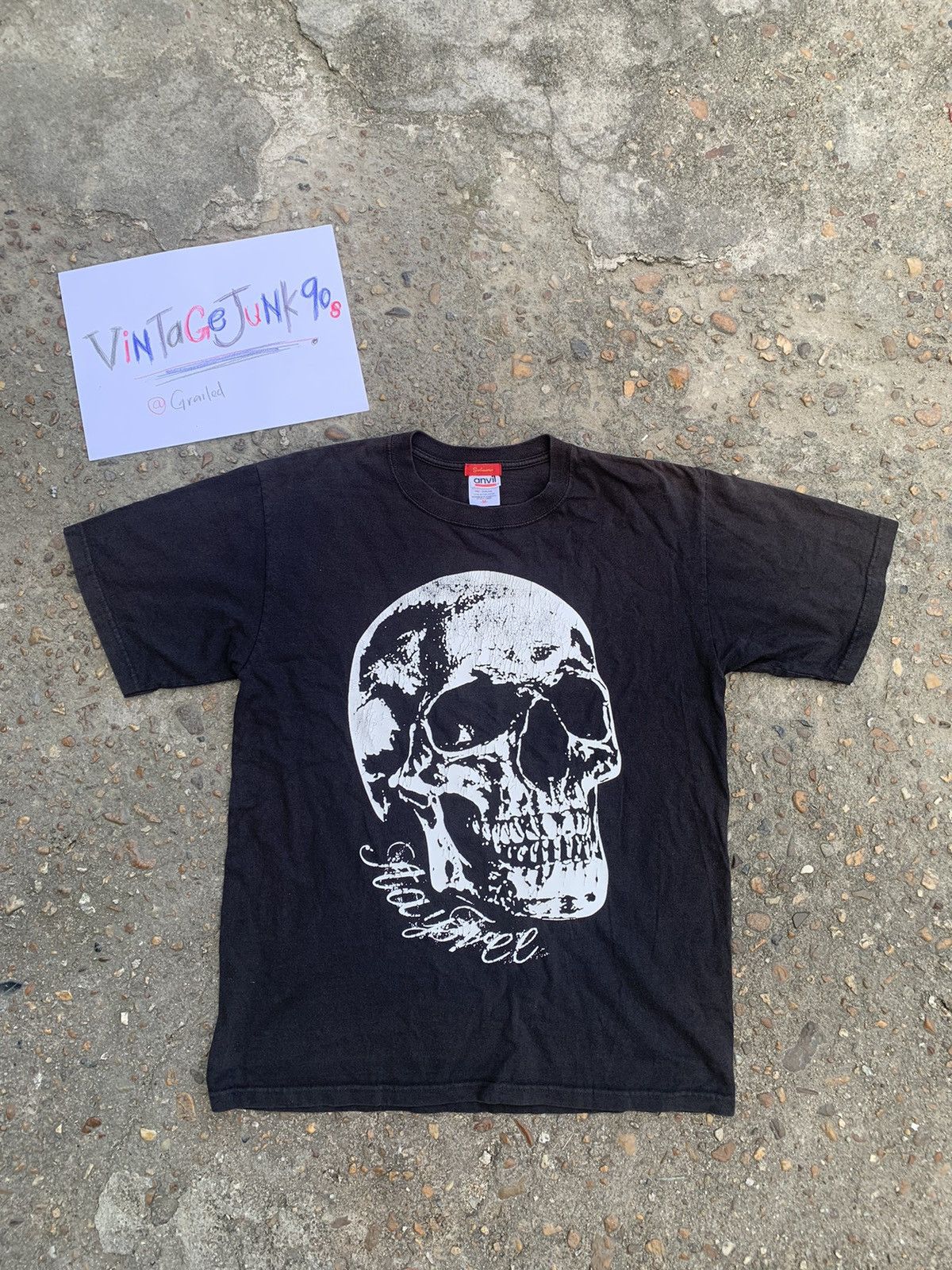 image of Skategang x Vintage Surfcoaster Skull Print T-Shirt in Faded Black, Men's (Size Medium)