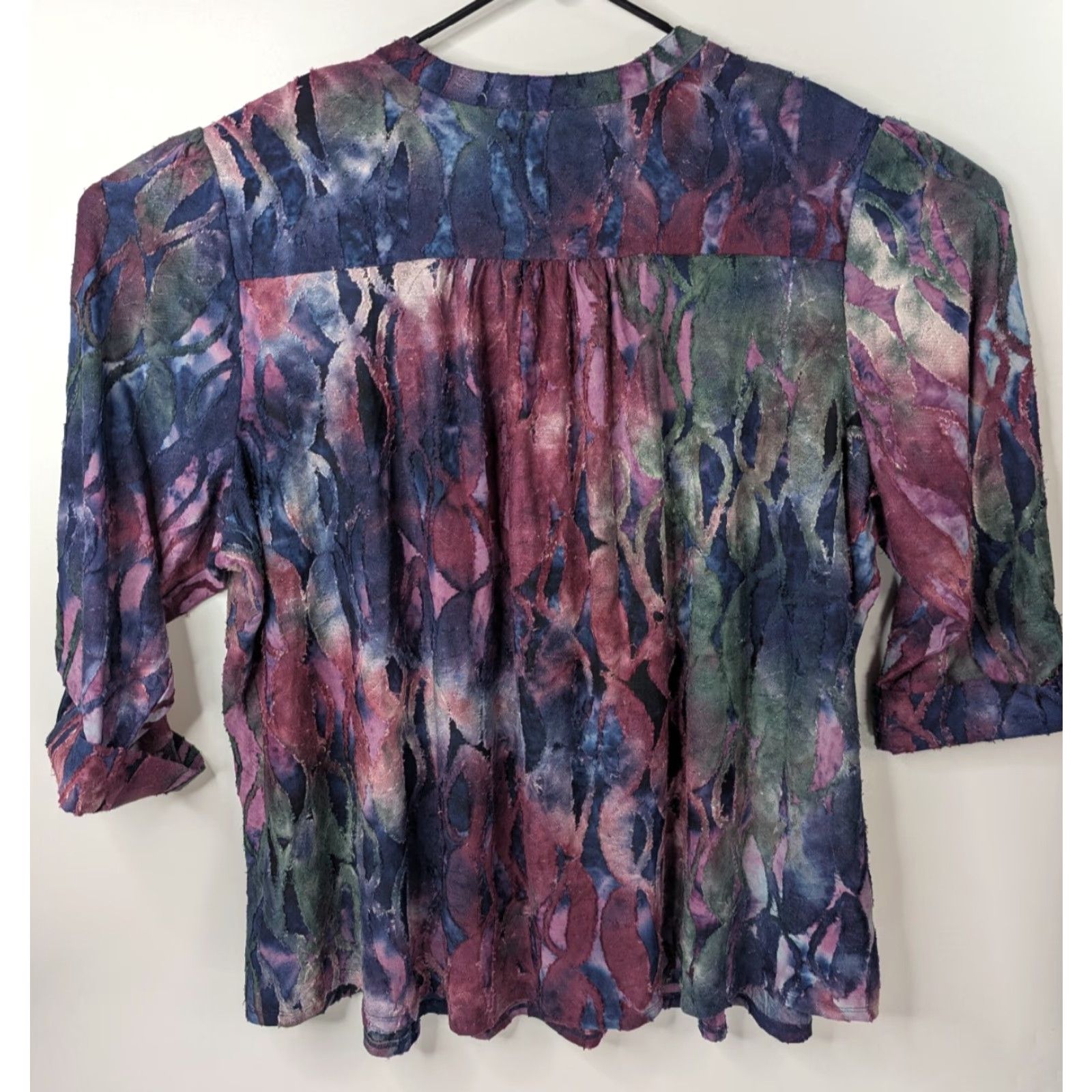 Vintage Cocomo Purple Abstract 3/4 Roll Tab Sleeve Button Top V-Neck Henley 5X Plus Size Women Blouse Size XXL / US 16-18 / IT 52-54 - 3 Thumbnail