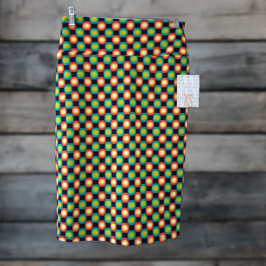 Vintage LuLaRoe Cassie Skirt XS Green Orange Geometric Pull On Pencil Knee Length Womens Size 26" / US 2 / IT 38 - 1 Thumbnail