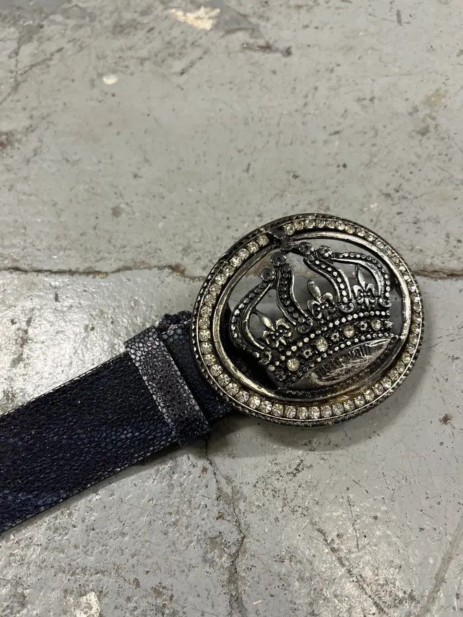 Designer × Roberto Cavalli × Vintage 2000s Cavalli Pave Crown Buckle Blue Aura Leather Belt Size ONE SIZE - 6 Thumbnail