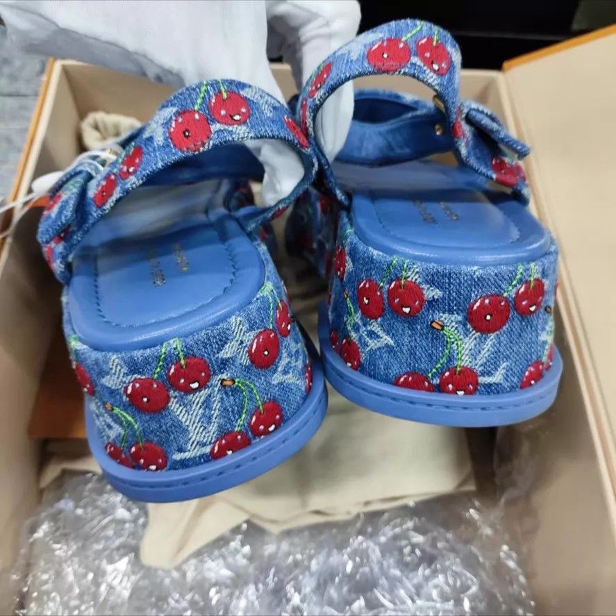 Louis Vuitton LV Murakami Cherry Denim Sandal EU37 Size US 6.5 / IT 36.5 - 2 Thumbnail