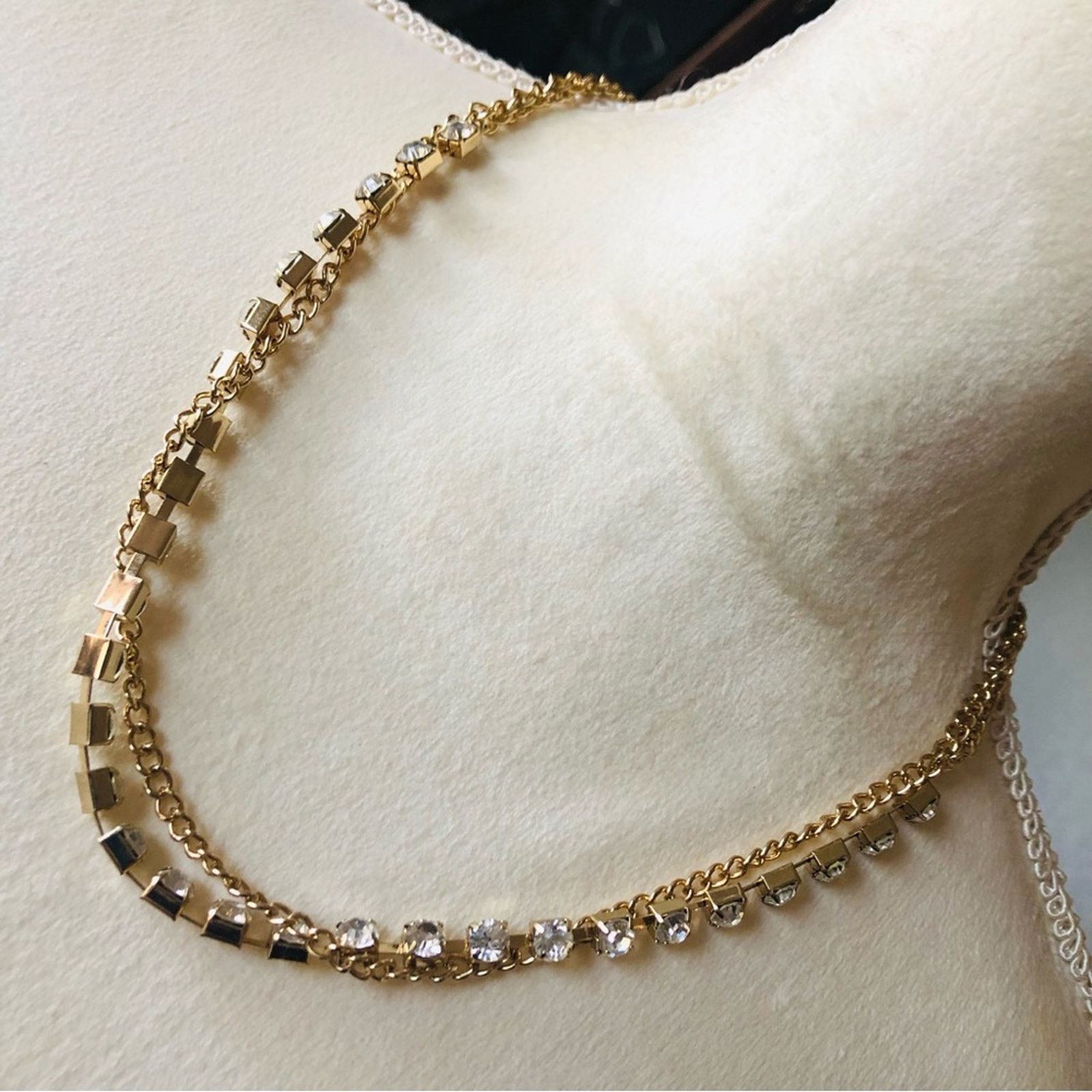Jewelry Double strand gold chain clear rhinestone necklace Size ONE SIZE - 1 Thumbnail