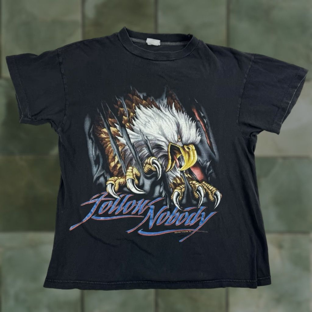VINTAGE American Thunder T-Shirt Men's L Black 90s Eagle USA Biker Animals
