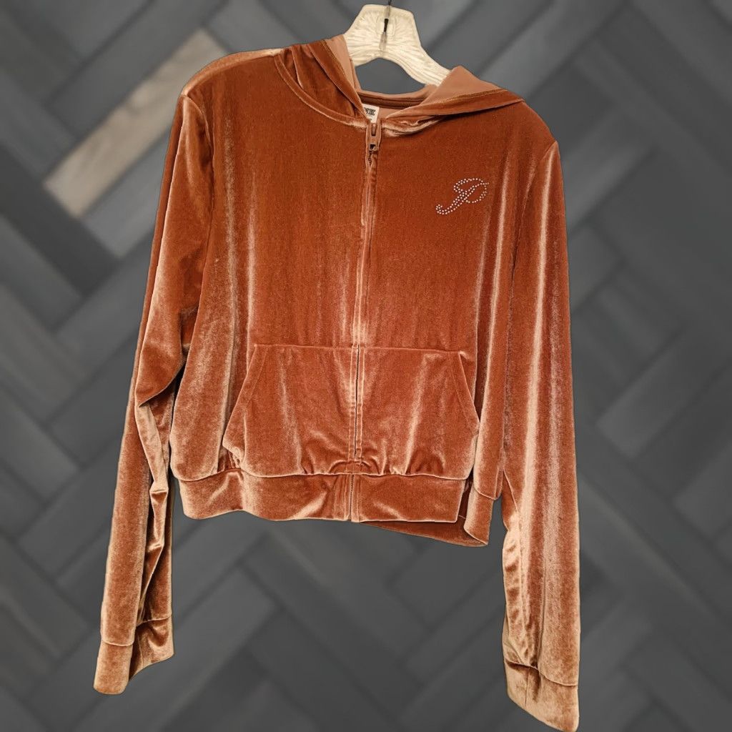 Vintage VINTAGE PINK Victoria's Secret Brown Velvet Hoodie Sweater Sz XL Tan Full Zip Women XL Velvet Hoodie Sweater Size XL / US 12-14 / IT 48-50 - 1 Thumbnail