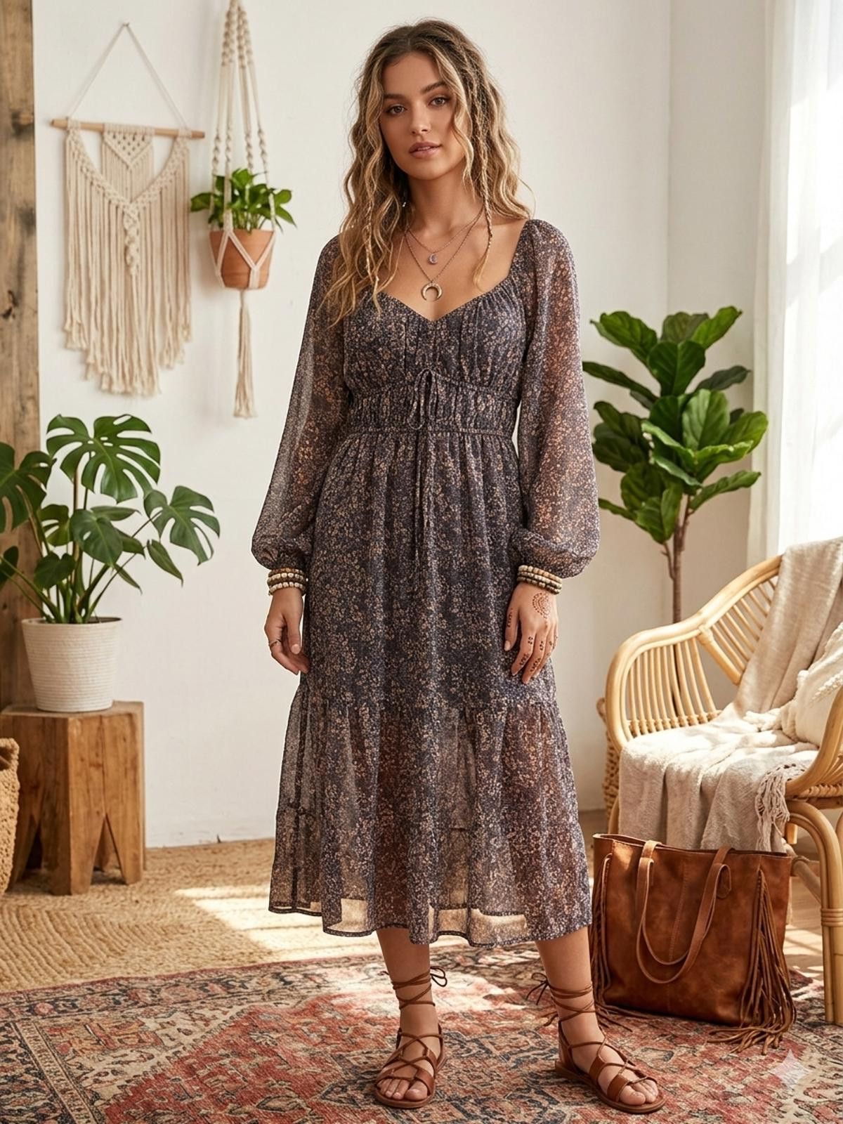 Nunn Bush Blush Women's M Floral Smocked Long Sleeve Midi Dress Boho Size M / US 6-8 / IT 42-44 - 1 Thumbnail