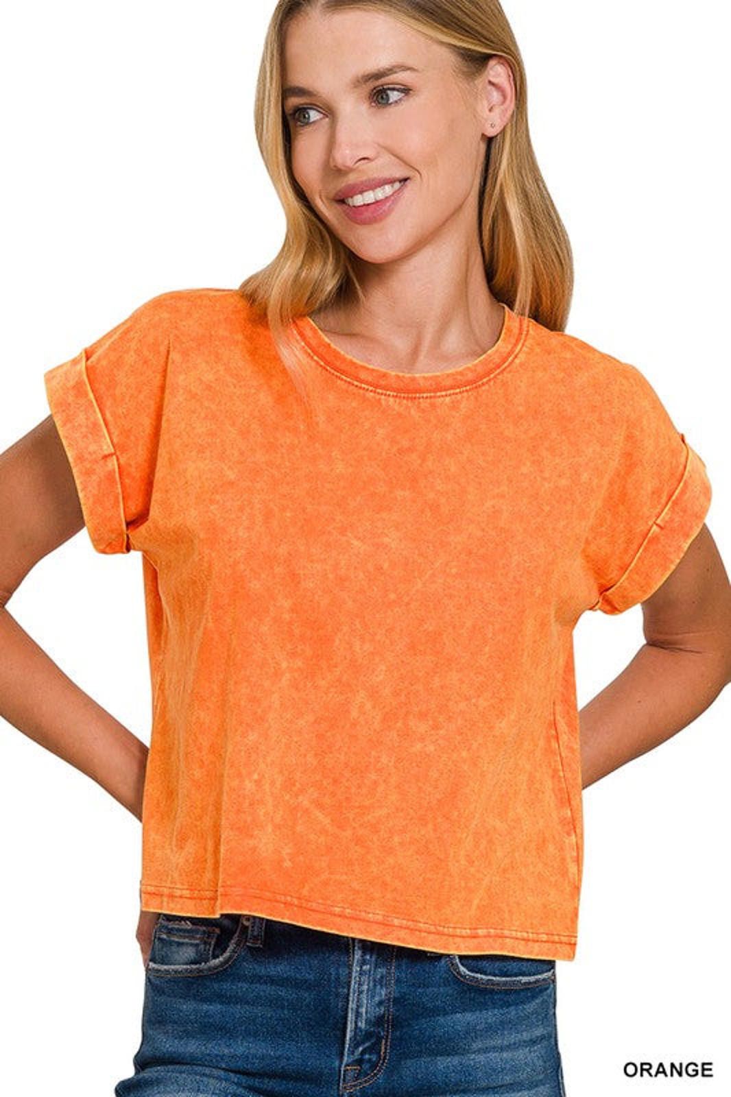 Other Acid Wash Cotton Folded Sleeve Top Zenana Size S / US 4 / IT 40 - 4 Thumbnail