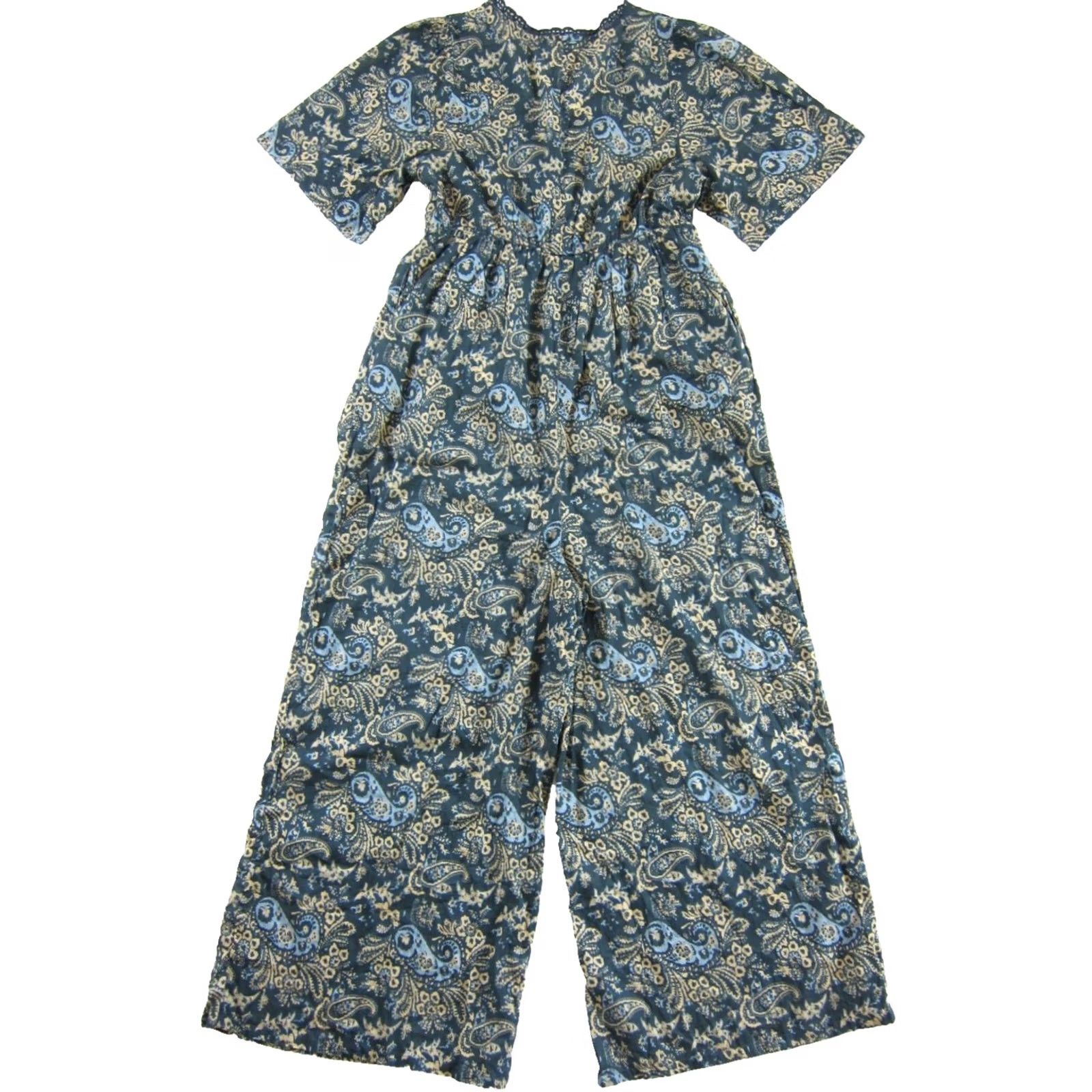 Vintage Sundance 100% Cotton Lightweight V-Neck Blue Yellow Floral Pocket Jumpsuit XS Size 26" / US 2 / IT 38 - 2 Thumbnail