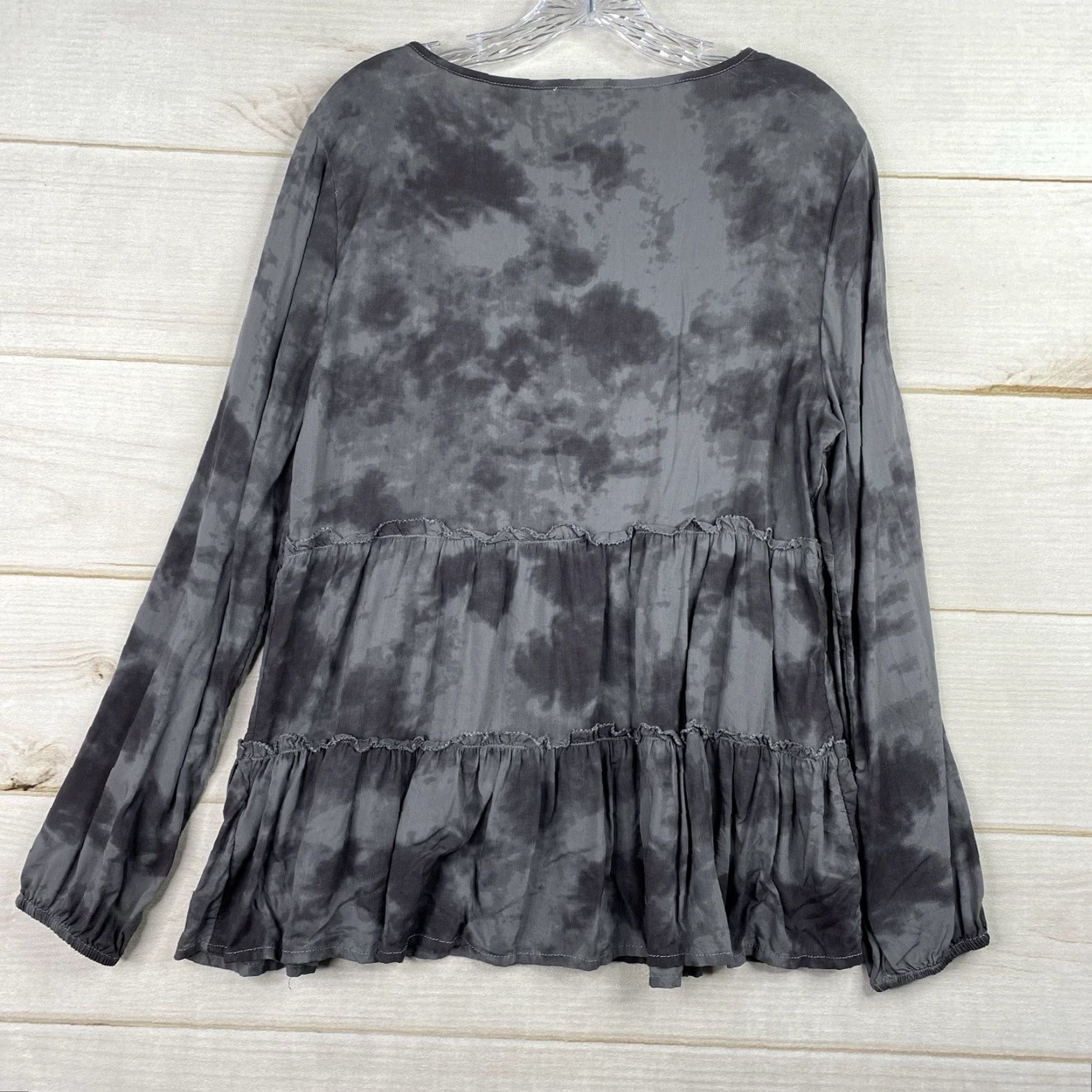 Vintage Beach Lunch Lounge Blouse Womens L Top Gray Tie Dye Ruffle Tie Neck Long Sleeve Size L / US 10 / IT 46 - 7 Thumbnail