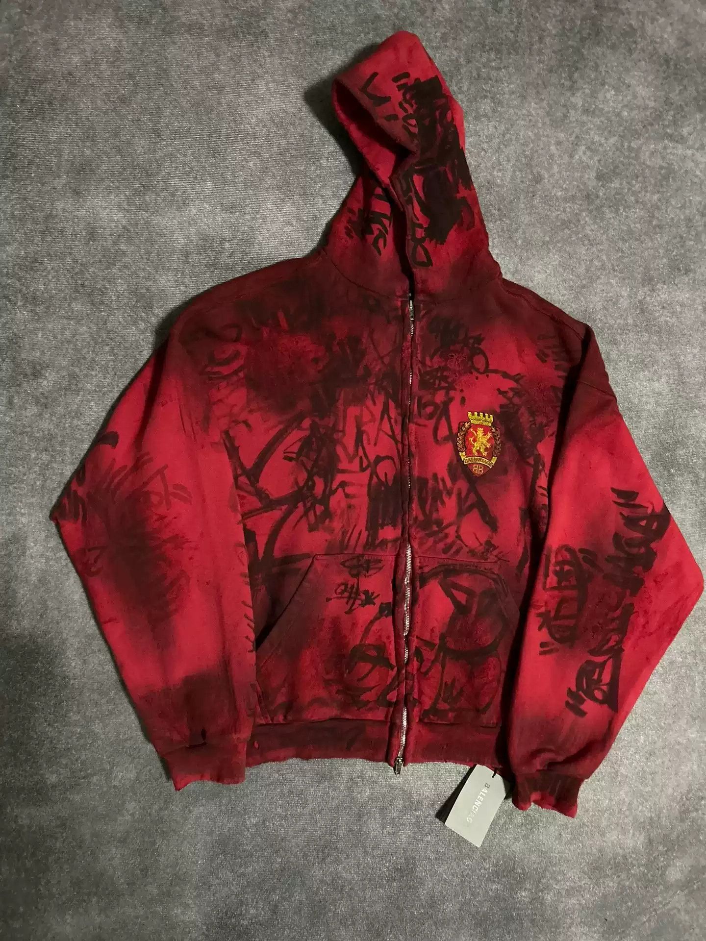 Pre-owned Balenciaga 23ss Show Red Manchester United Skater Mud Stain Destruction Hand-painted Graffiti Zipper Hoodie (si