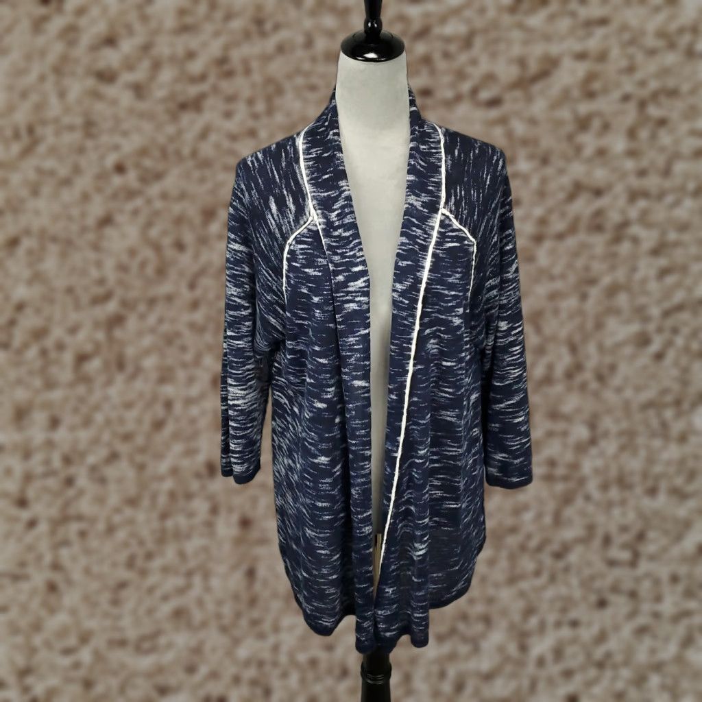 Vintage Chico's Womens Cardigan Sweater XL Blue White Heathered Geometric Knit Open Front Casual Fall Winter Size XL / US 12-14 / IT 48-50 - 1 Thumbnail