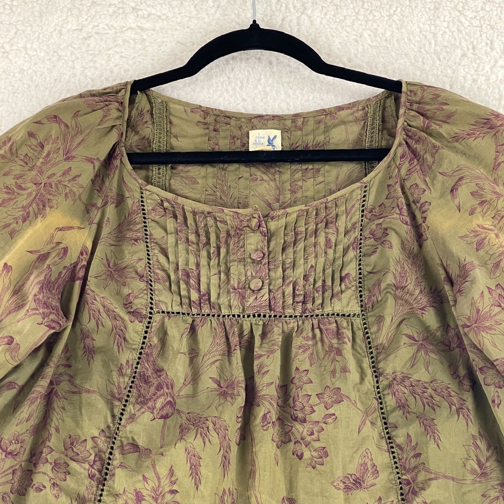 Vintage Edme & Esyllte Shirt Womens Size 6 Green Floral Peasant 3/4 Sleeve Pullover Size M / US 6-8 / IT 42-44 - 3 Thumbnail